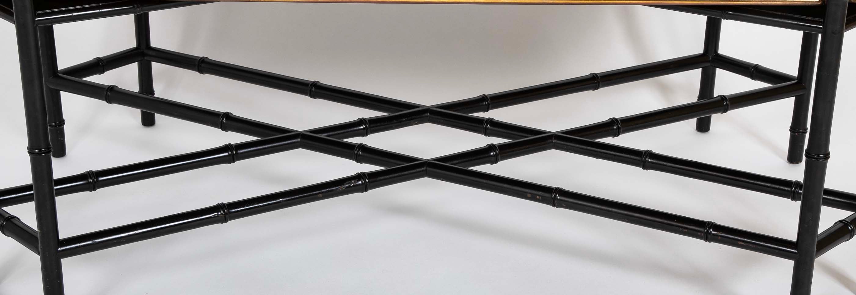 Brass Molded and Curved Edge Tray Table on Ebonized Faux Bamboo Stand