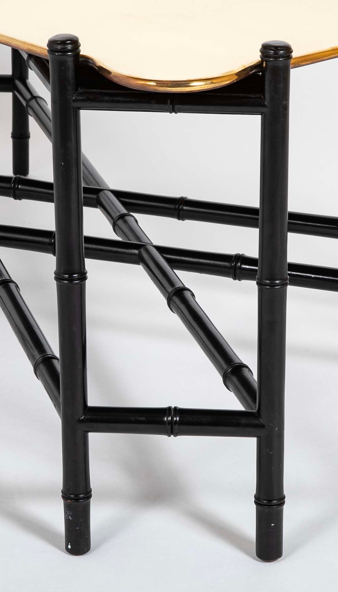 Brass Molded and Curved Edge Tray Table on Ebonized Faux Bamboo Stand