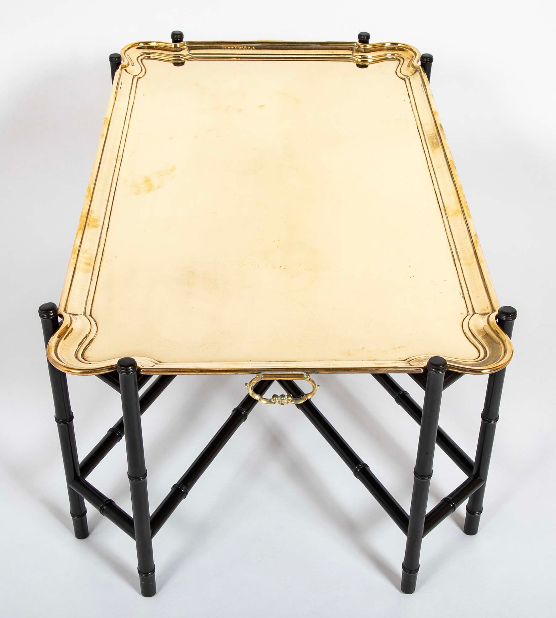 Brass Molded and Curved Edge Tray Table on Ebonized Faux Bamboo Stand