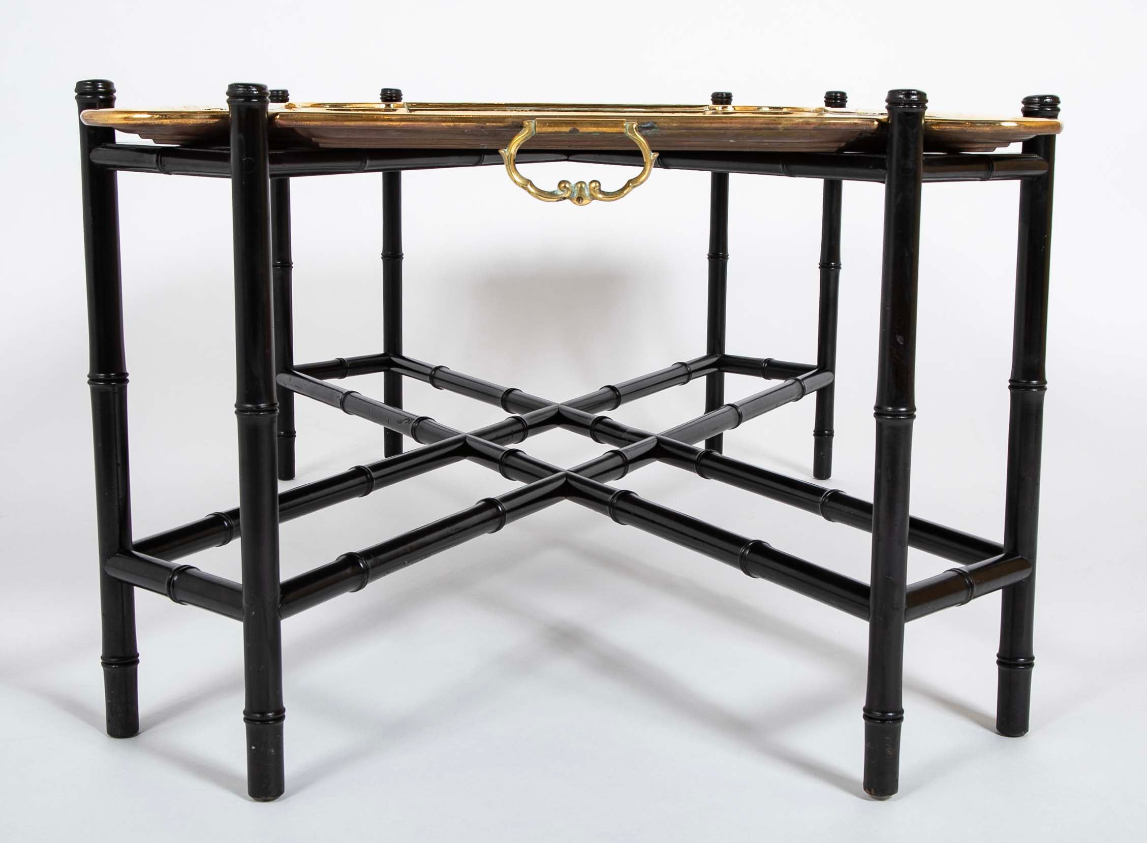Brass Molded and Curved Edge Tray Table on Ebonized Faux Bamboo Stand
