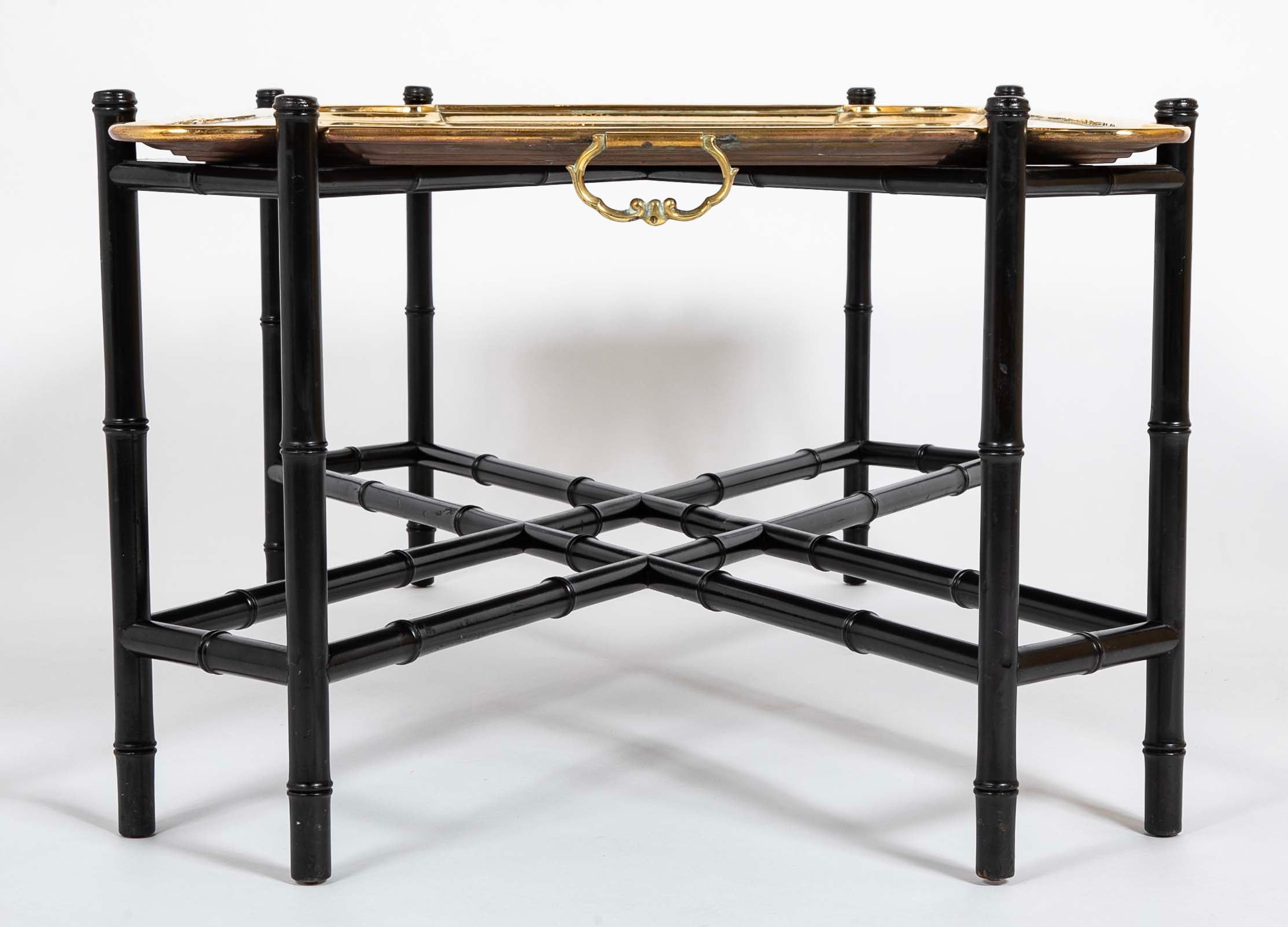 Brass Molded and Curved Edge Tray Table on Ebonized Faux Bamboo Stand