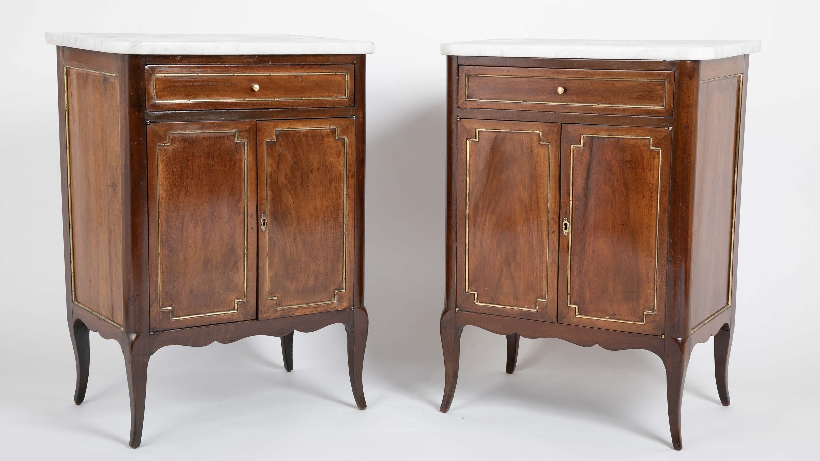Pair of French Marble Top Two Door Cabinets