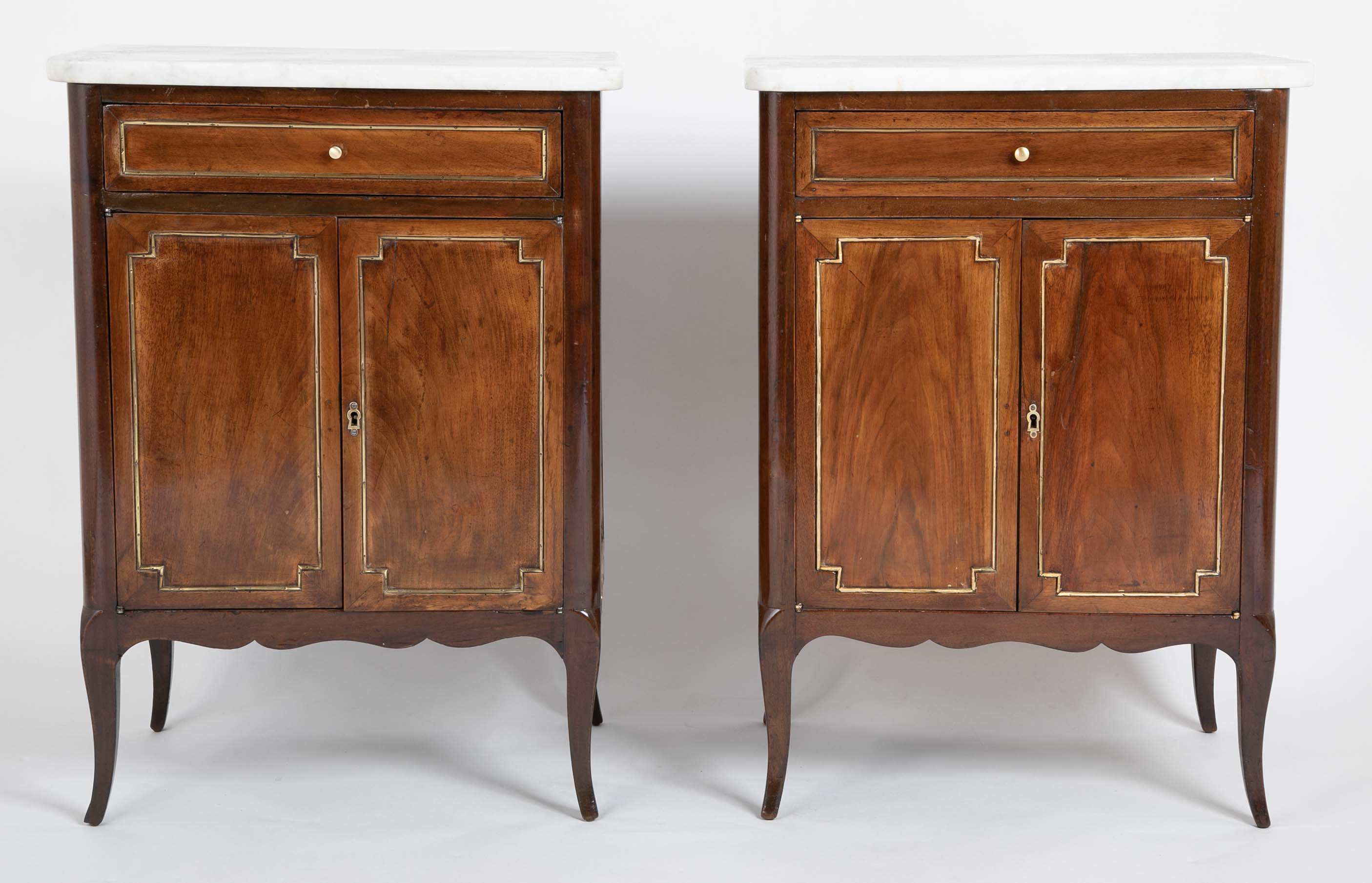 Pair of French Marble Top Two Door Cabinets