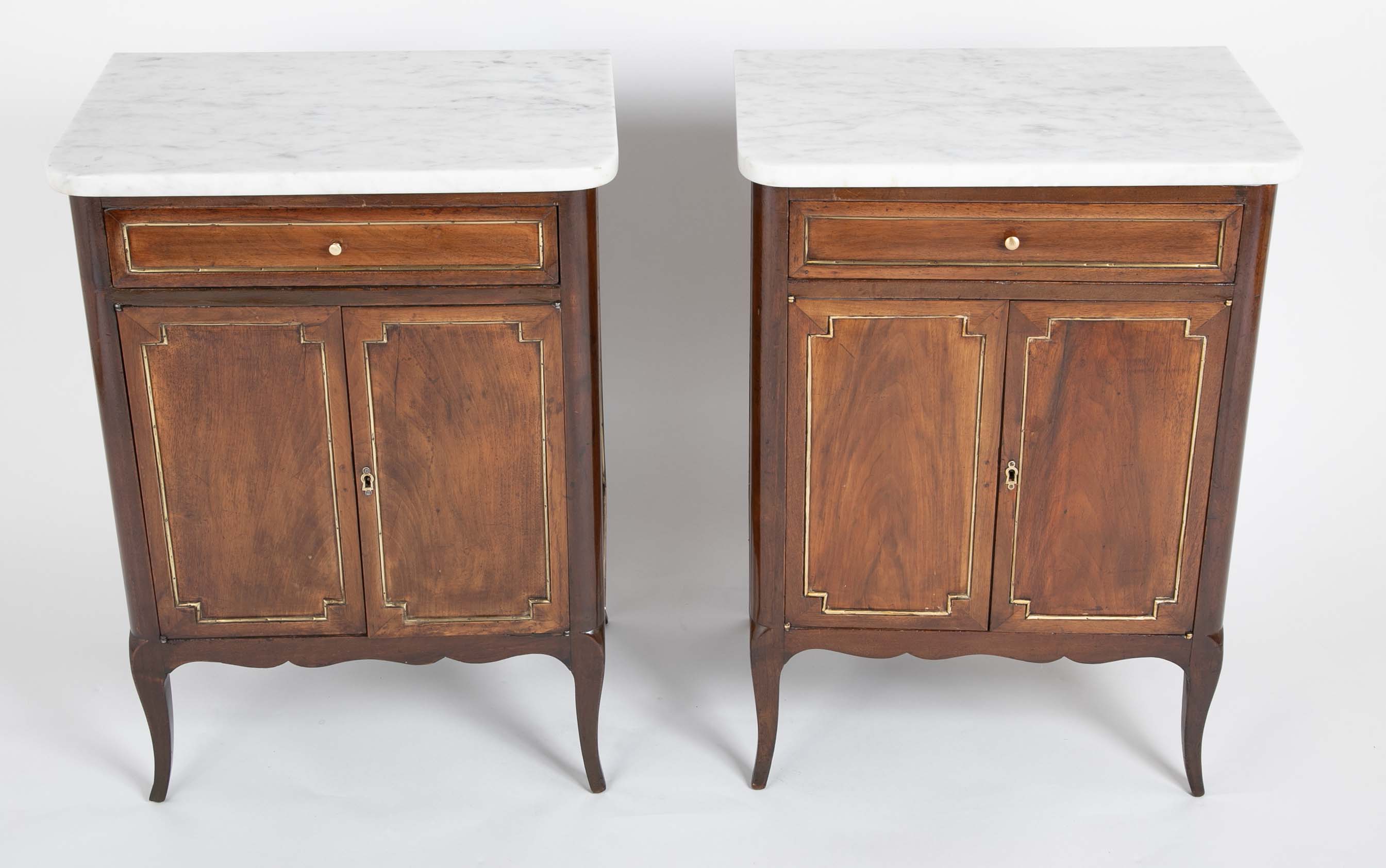 Pair of French Marble Top Two Door Cabinets