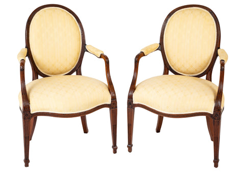 Pair of George III Mahogany Oval Back Open Arm Chairs Attributed to John Linell