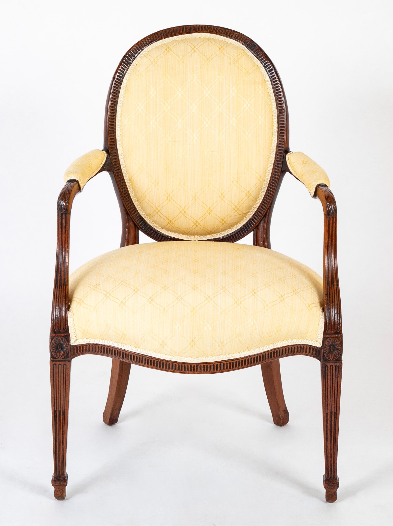 Pair of George III Mahogany Oval Back Open Arm Chairs Attributed to John Linell