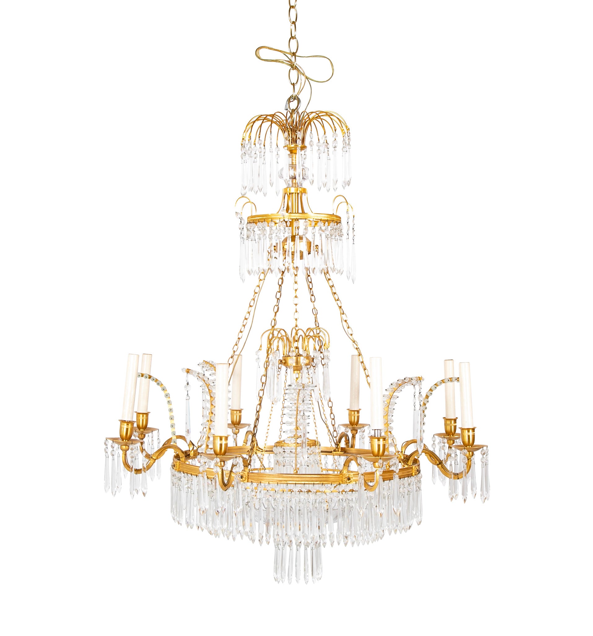 Swedish Neoclassic Gilt Bronze & Crystal 8 Arm Chandelier