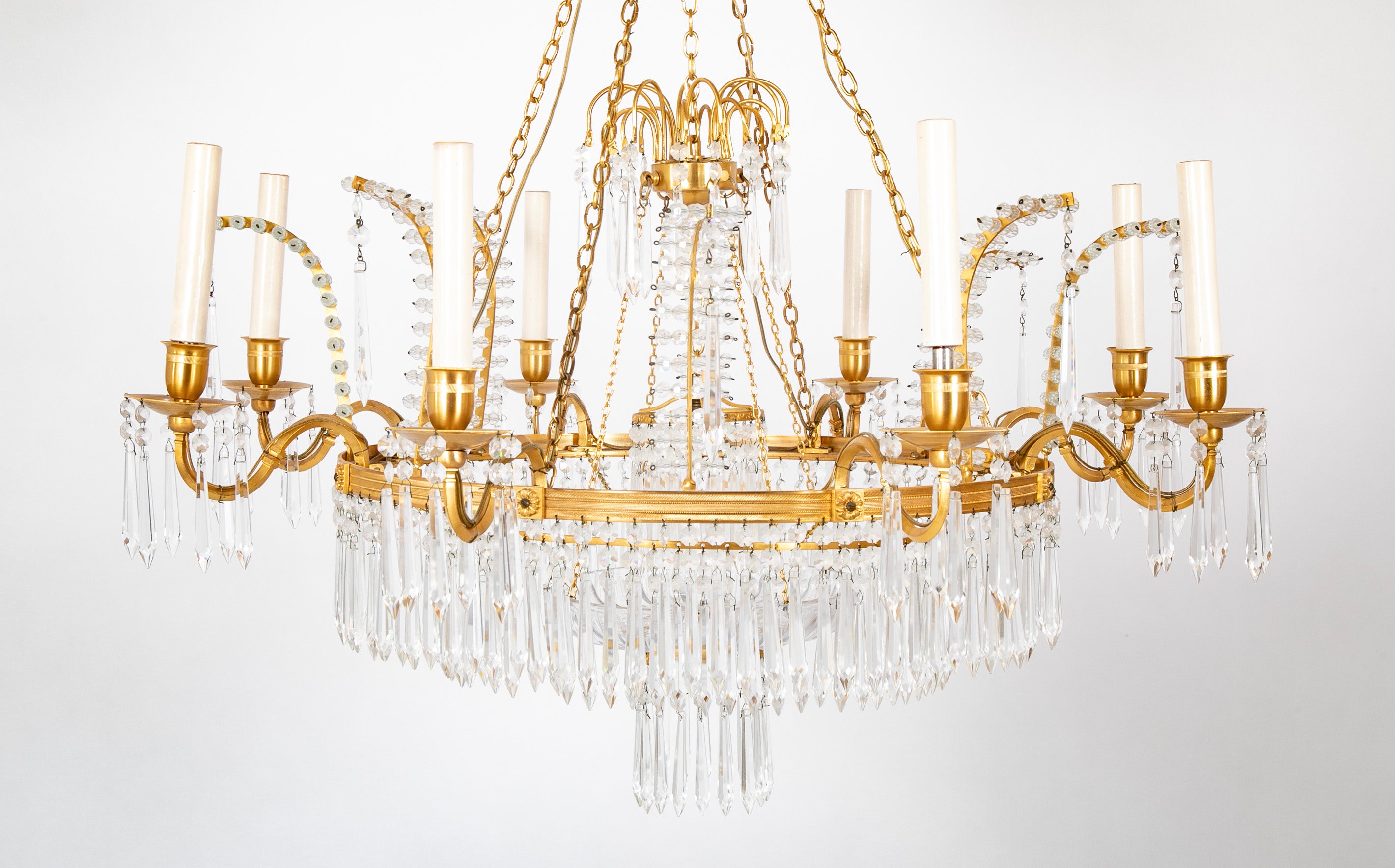 Swedish Neoclassic Gilt Bronze & Crystal 8 Arm Chandelier