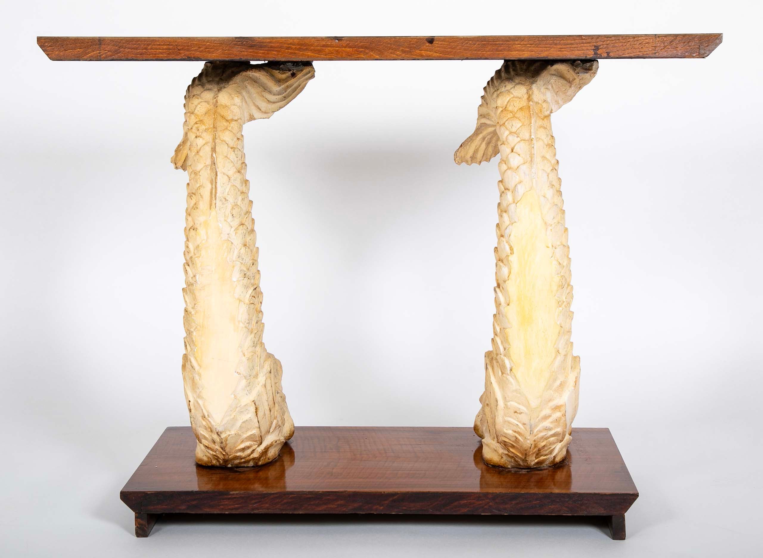 Art Deco “Dolphin” Support Console Table with Figured Walnut Top and Base