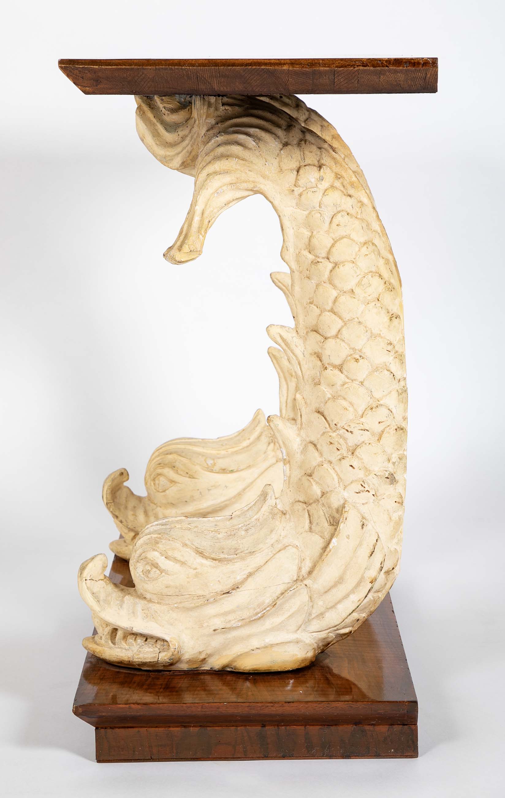 Art Deco “Dolphin” Support Console Table with Figured Walnut Top and Base