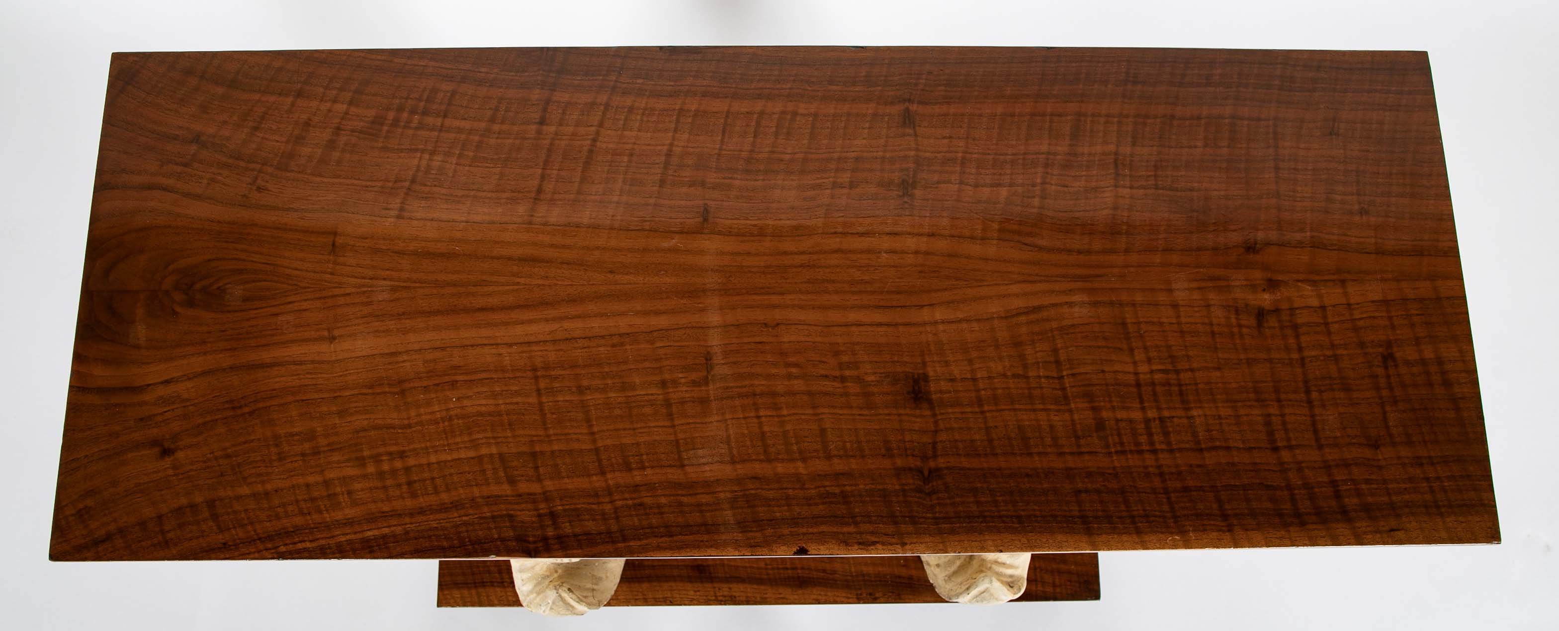 Art Deco “Dolphin” Support Console Table with Figured Walnut Top and Base