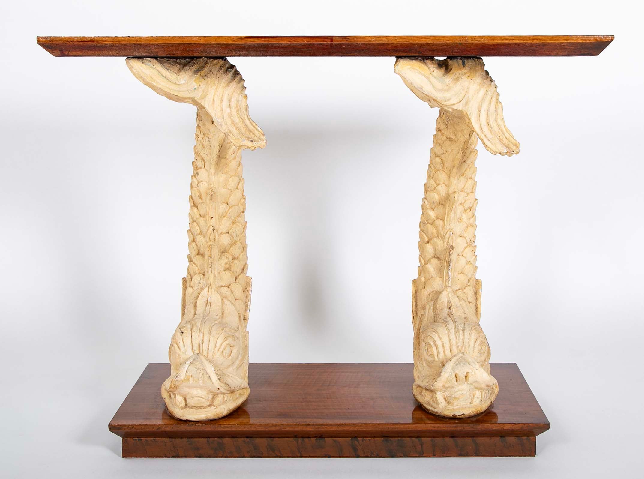 Art Deco “Dolphin” Support Console Table with Figured Walnut Top and Base