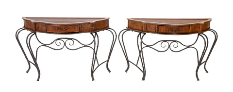 Pair of Bamboo and Fruitwood Serpentine Console Tables