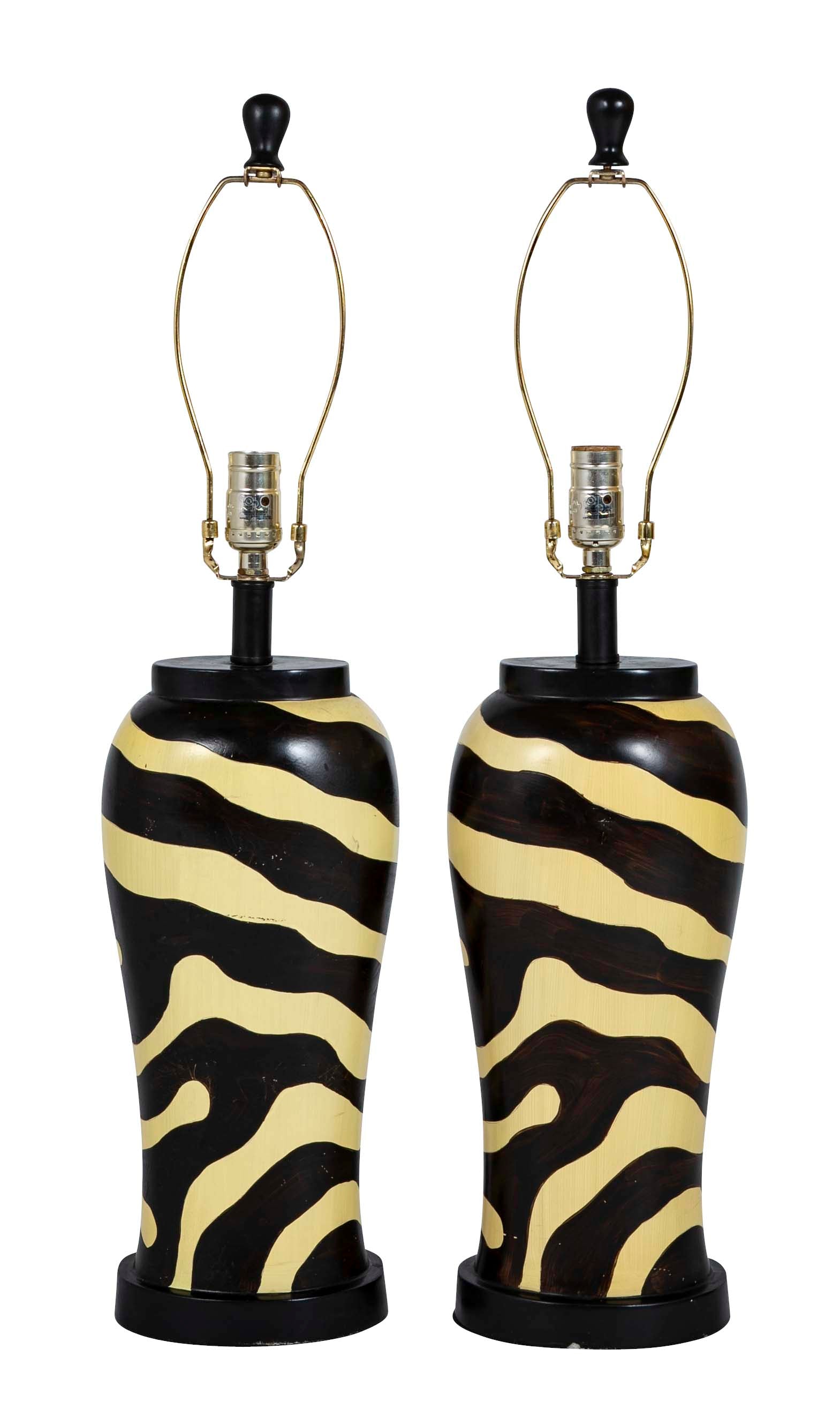 Pair of Mid-Century Zebra Decorated Lamps with Matching Finials