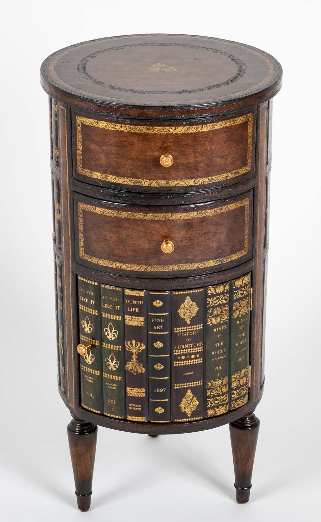 Cylinder Form Leather Faced Side Table with Faux Book Bindings on Drawers and Doors