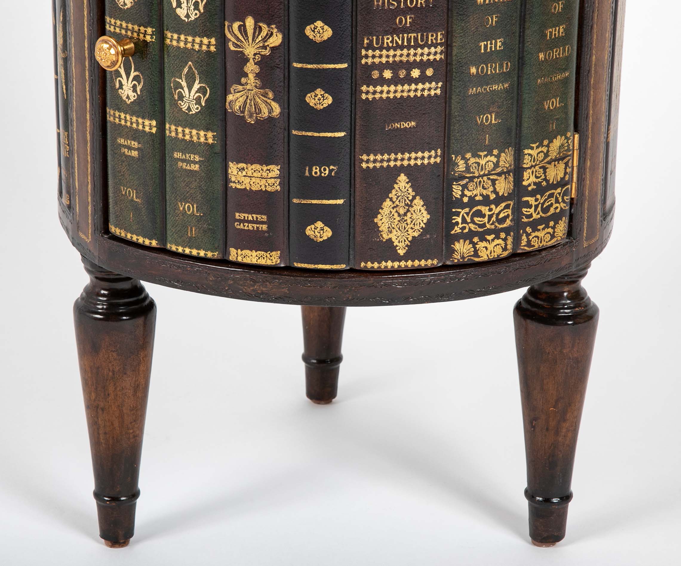 Cylinder Form Leather Faced Side Table with Faux Book Bindings on Drawers and Doors
