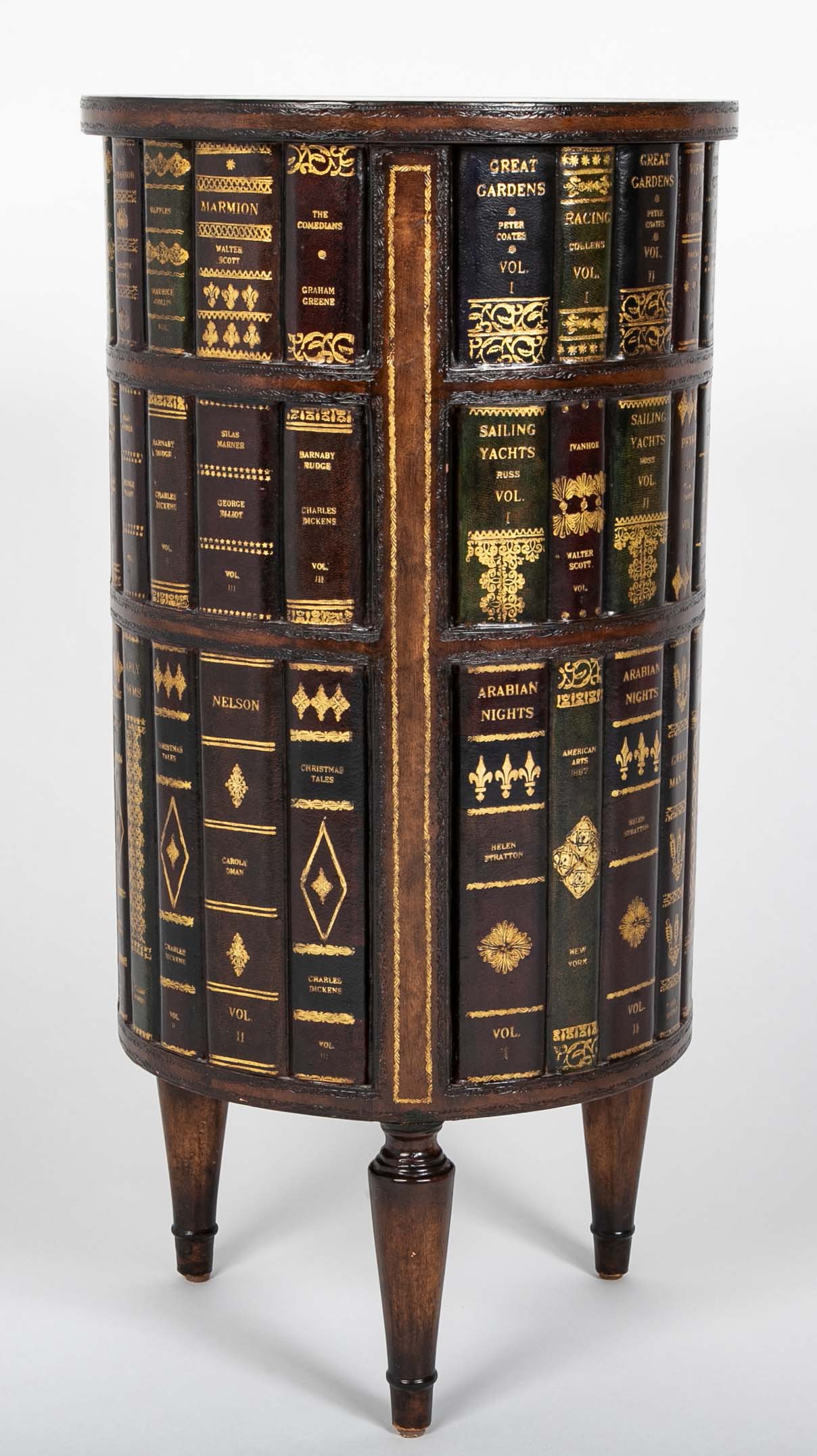 Cylinder Form Leather Faced Side Table with Faux Book Bindings on Drawers and Doors