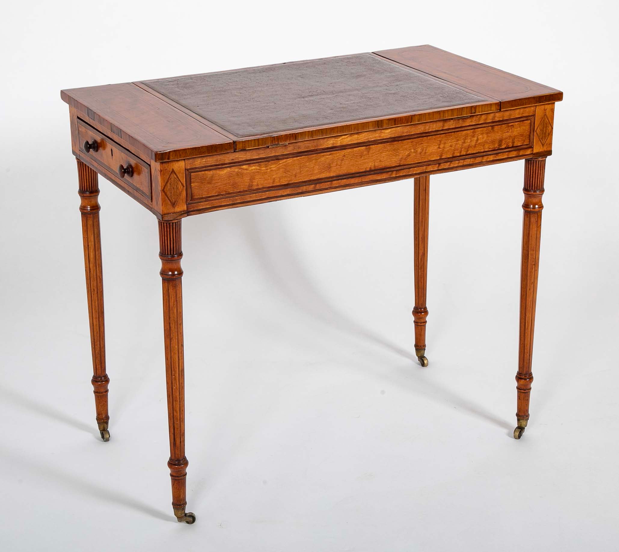 Rare George III Period Satinwood Ratchet Top Octagonal Leg Desk