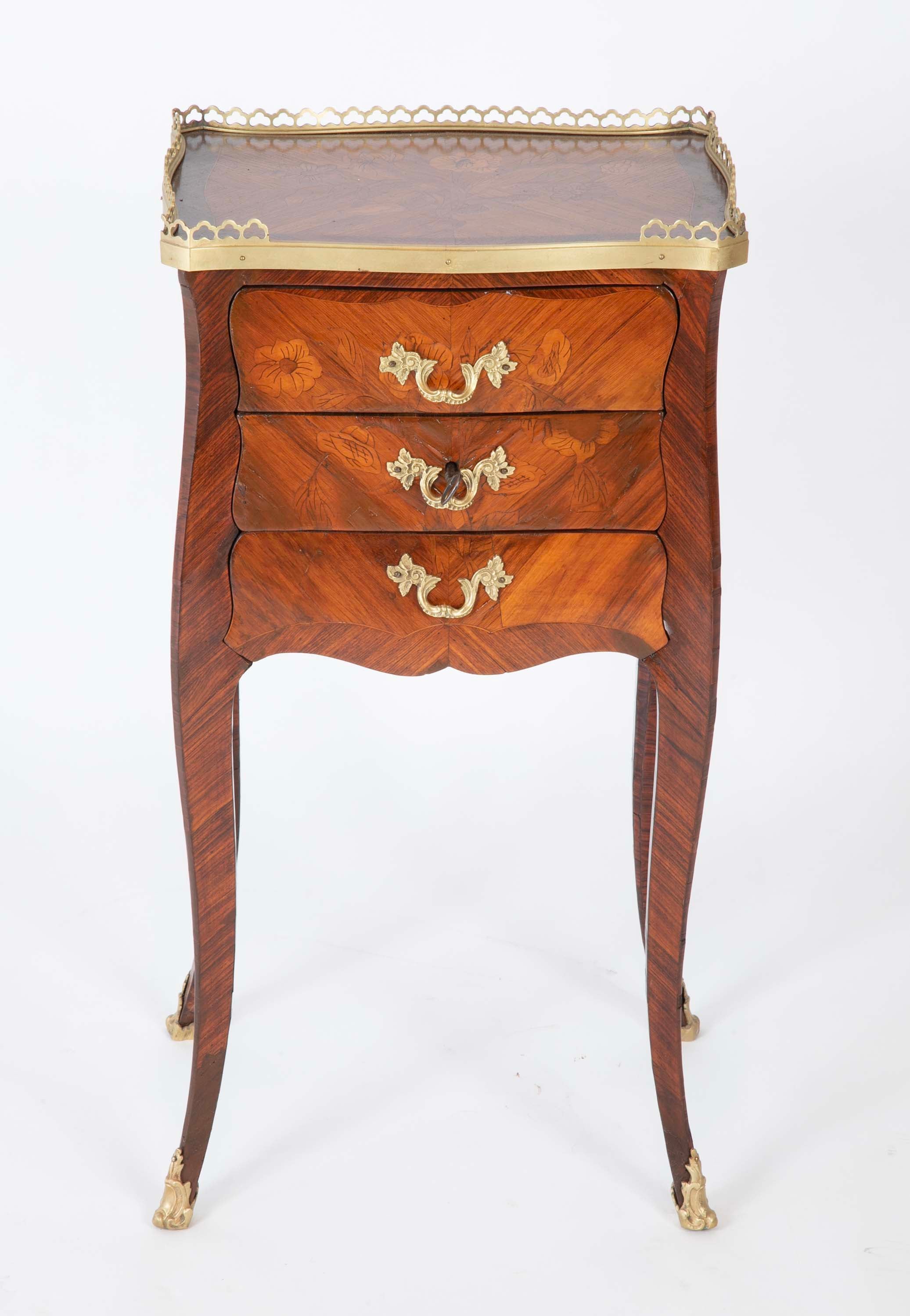 Louis XV Style Petite Commode with Marquetry and Bronze Gallery & Feet