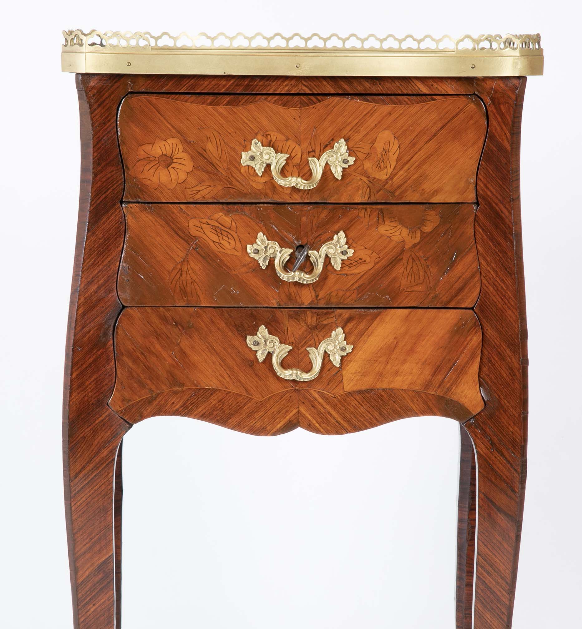 Louis XV Style Petite Commode with Marquetry and Bronze Gallery & Feet