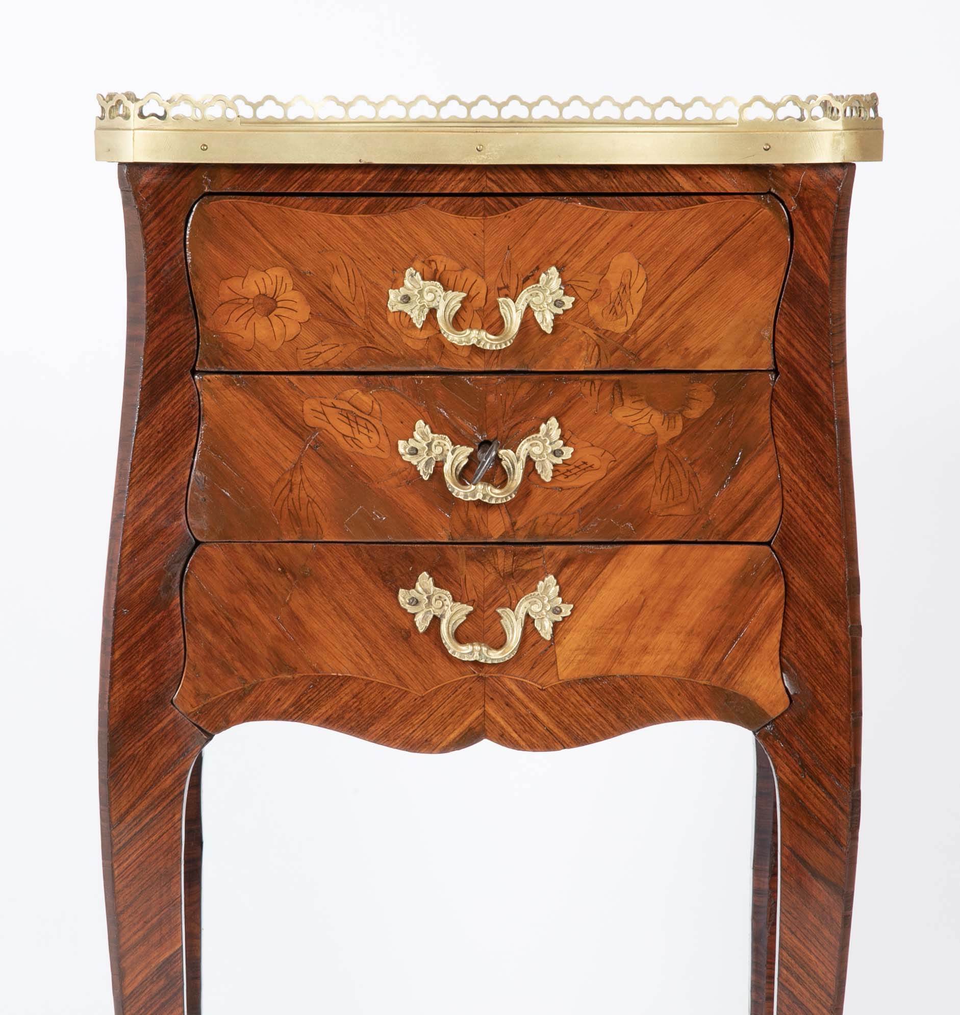 Louis XV Style Petite Commode with Marquetry and Bronze Gallery & Feet