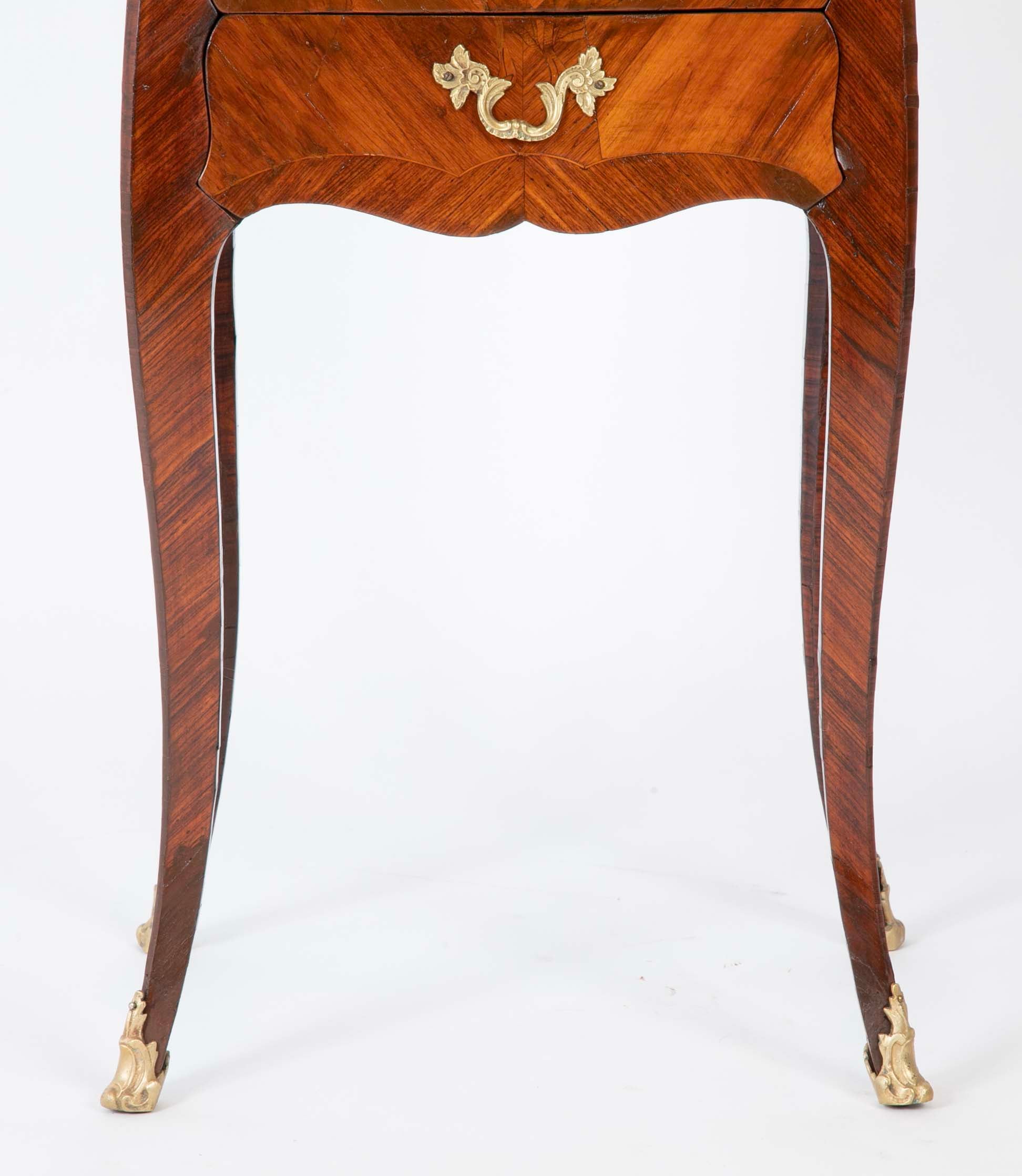 Louis XV Style Petite Commode with Marquetry and Bronze Gallery & Feet
