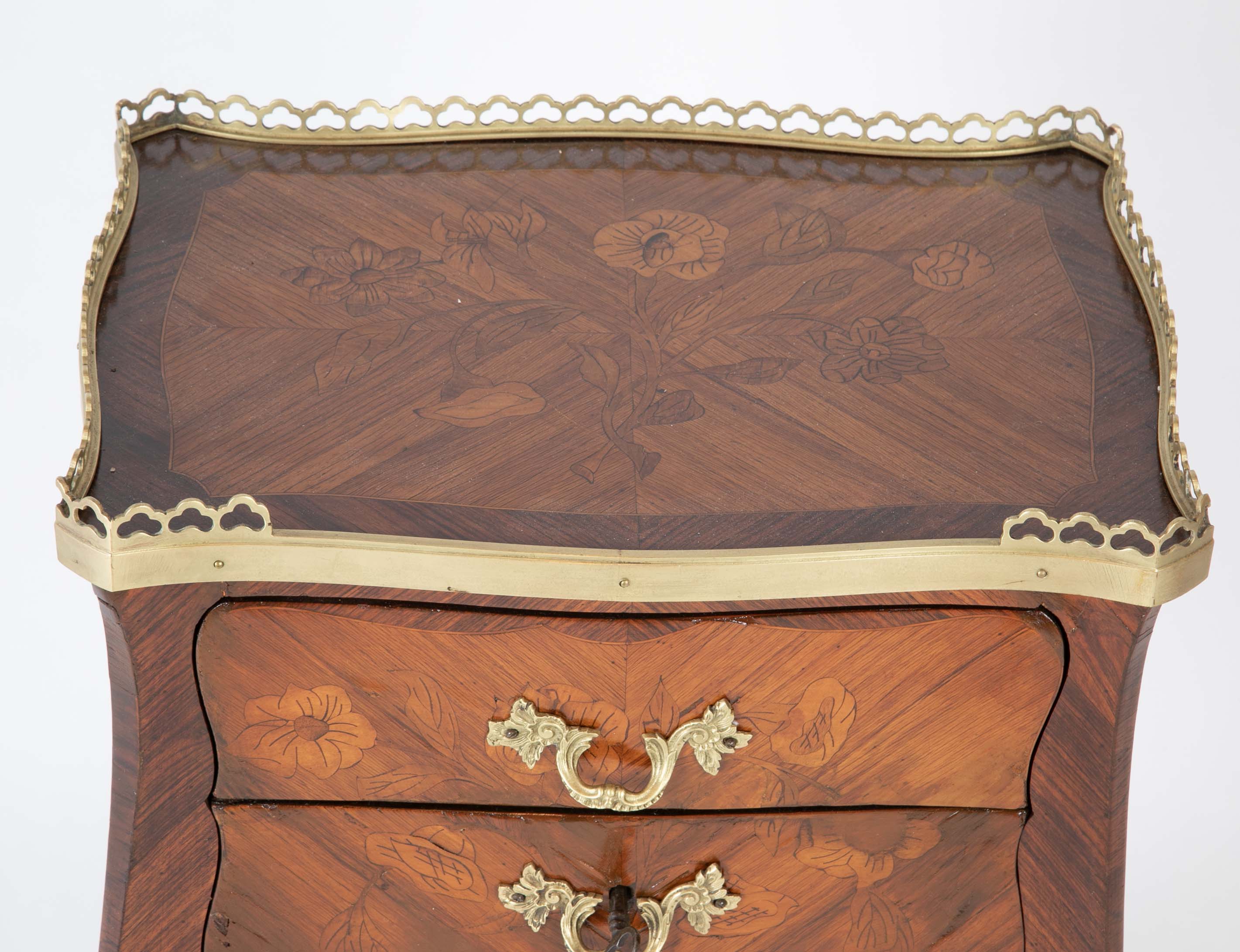 Louis XV Style Petite Commode with Marquetry and Bronze Gallery & Feet