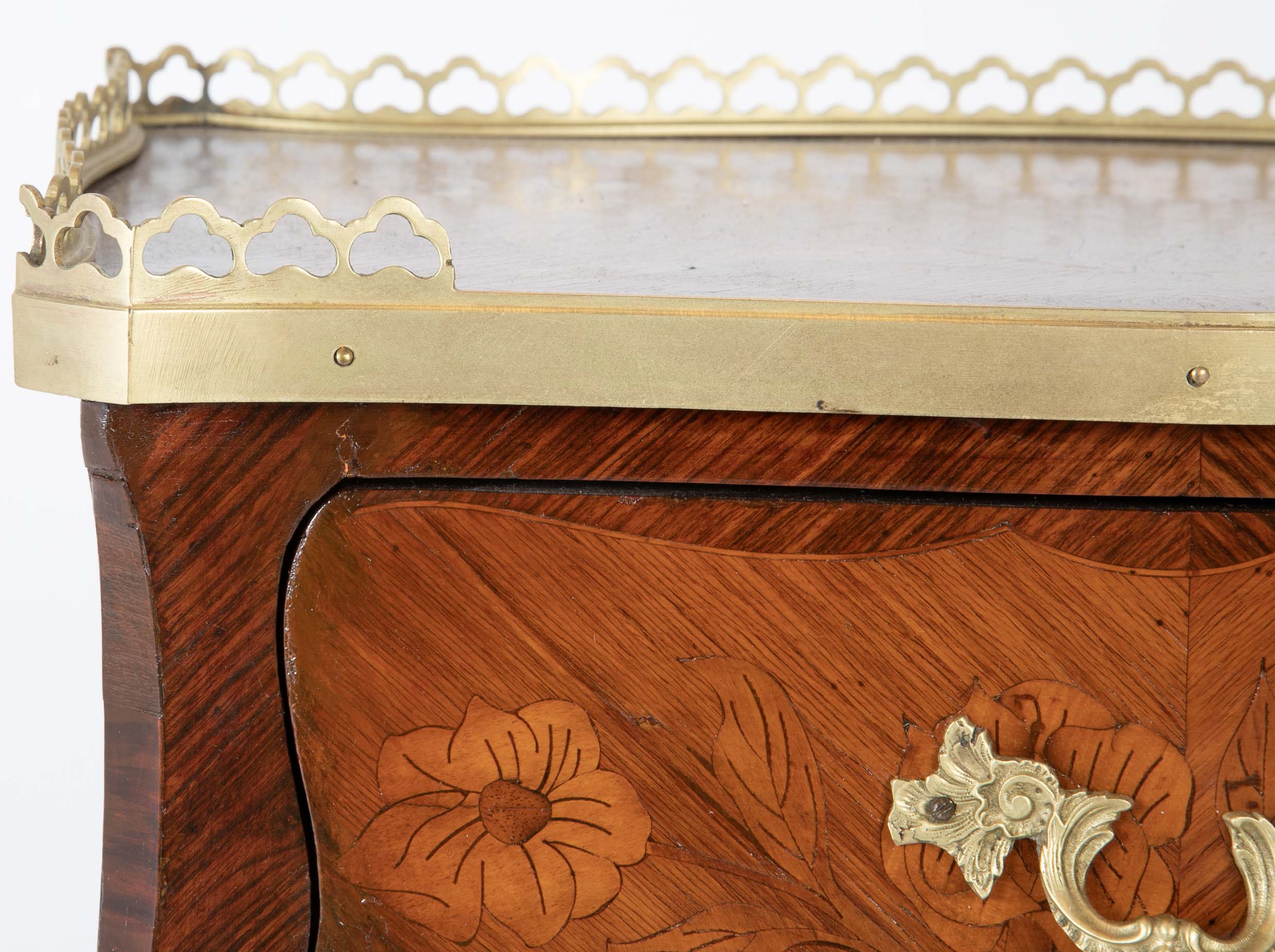 Louis XV Style Petite Commode with Marquetry and Bronze Gallery & Feet