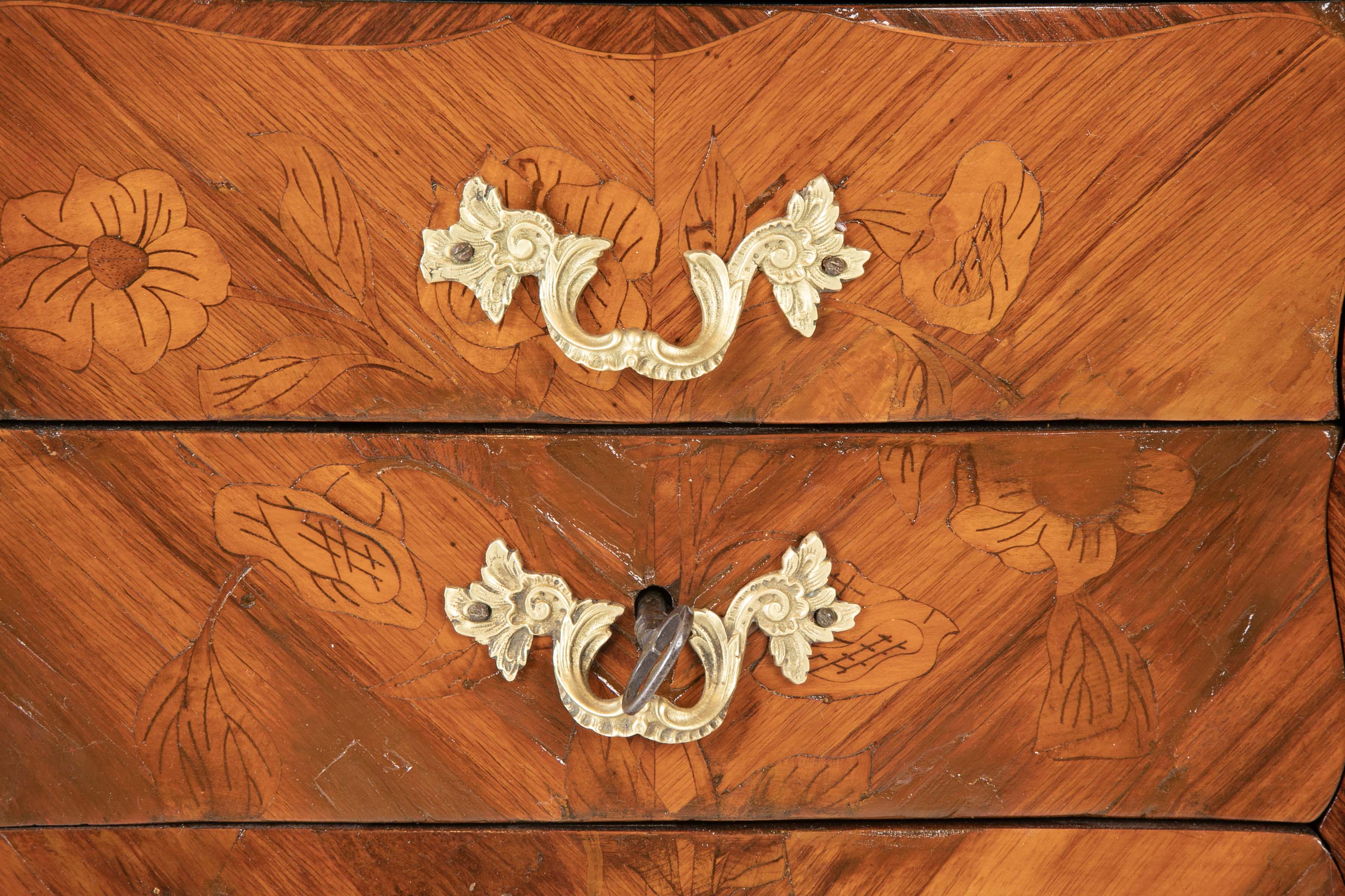 Louis XV Style Petite Commode with Marquetry and Bronze Gallery & Feet