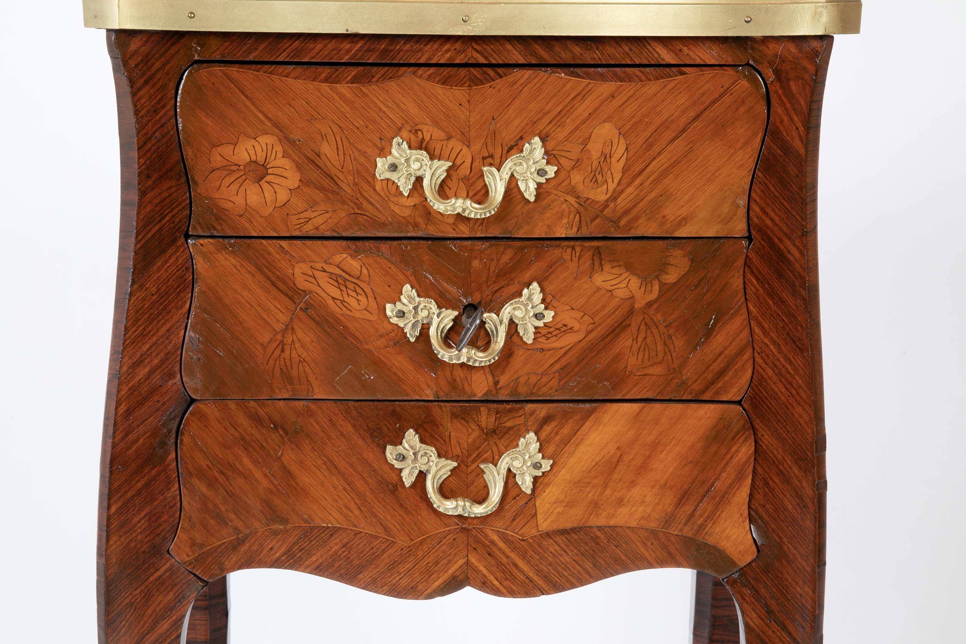 Louis XV Style Petite Commode with Marquetry and Bronze Gallery & Feet