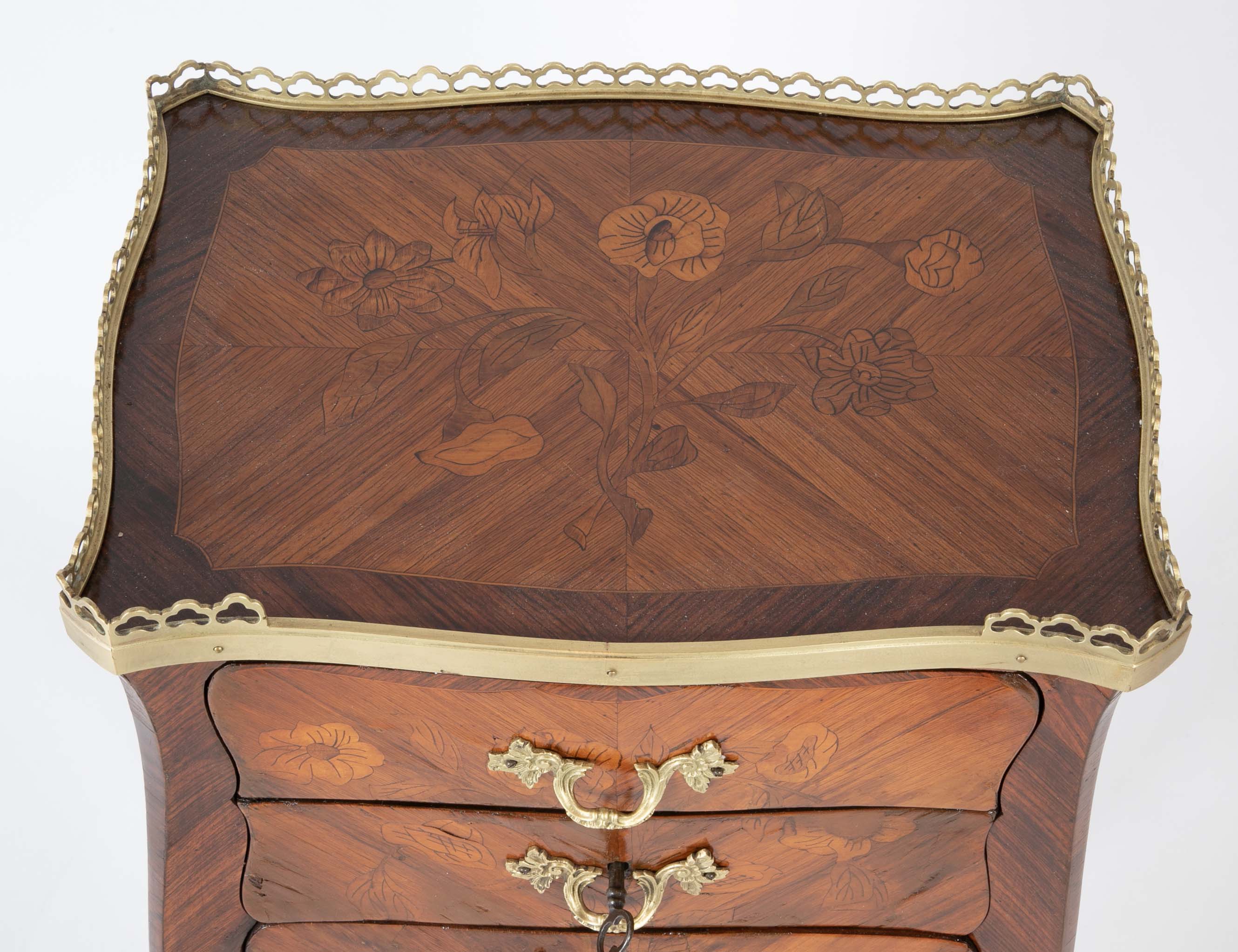 Louis XV Style Petite Commode with Marquetry and Bronze Gallery & Feet