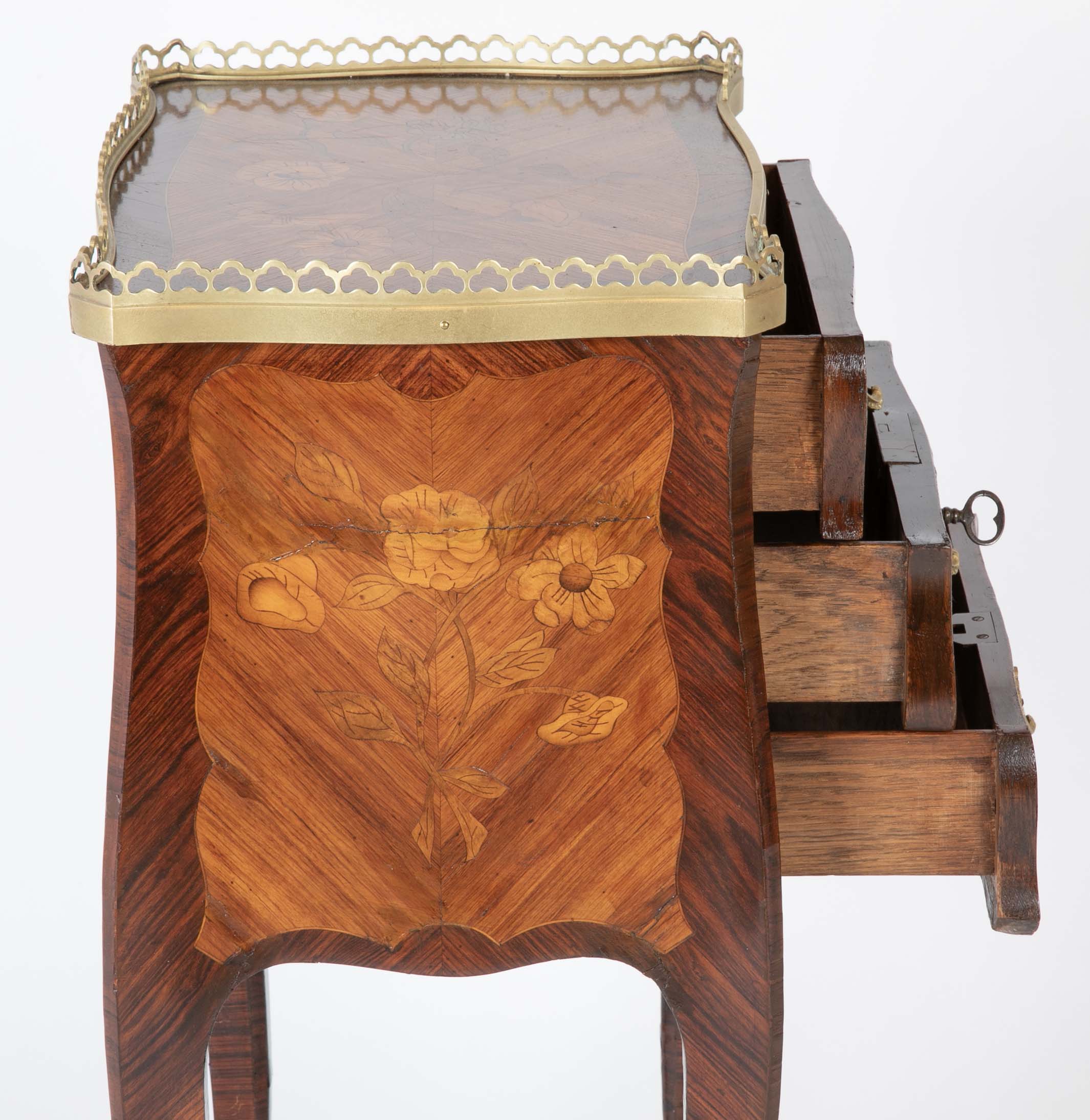 Louis XV Style Petite Commode with Marquetry and Bronze Gallery & Feet