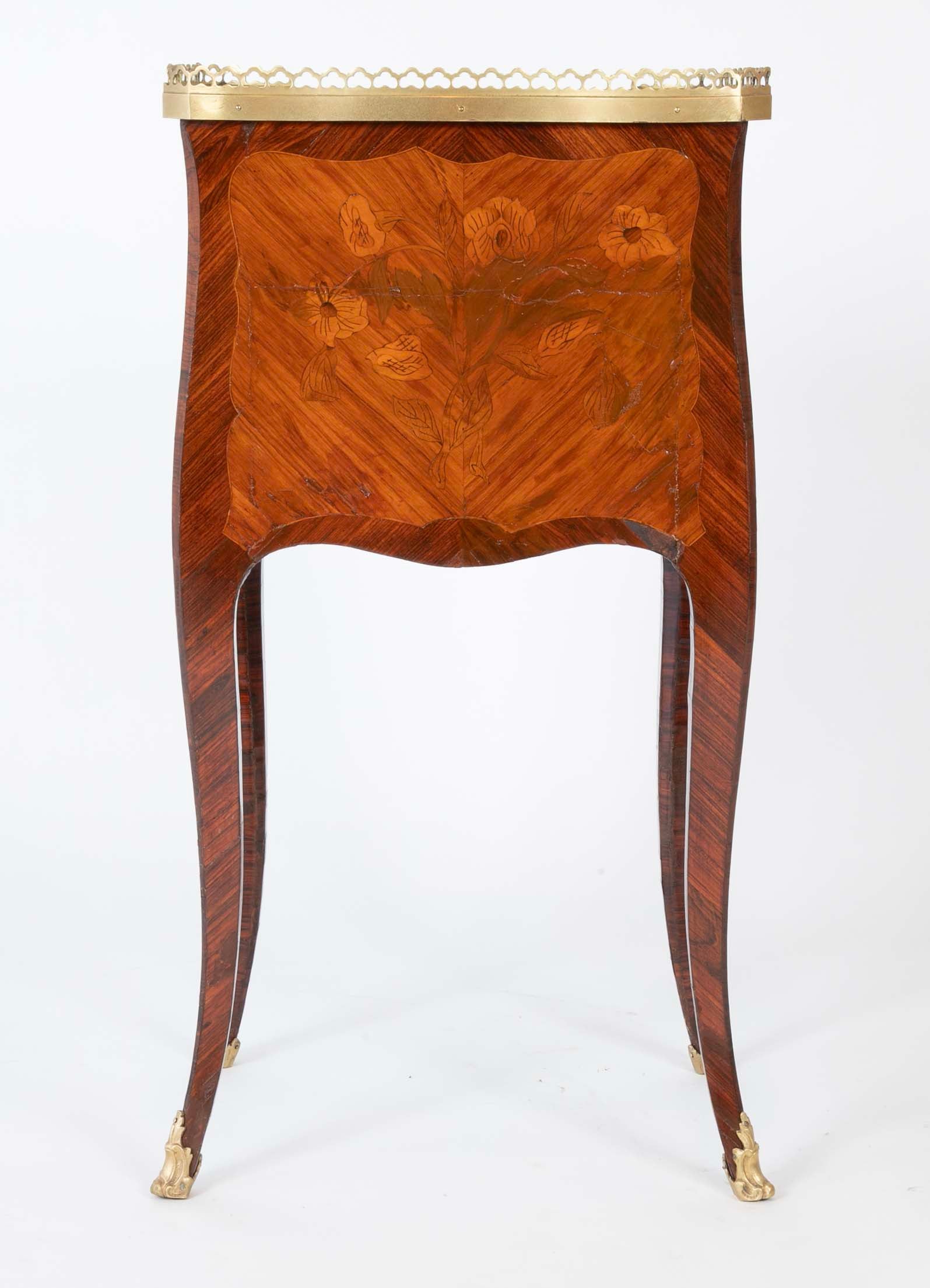 Louis XV Style Petite Commode with Marquetry and Bronze Gallery & Feet