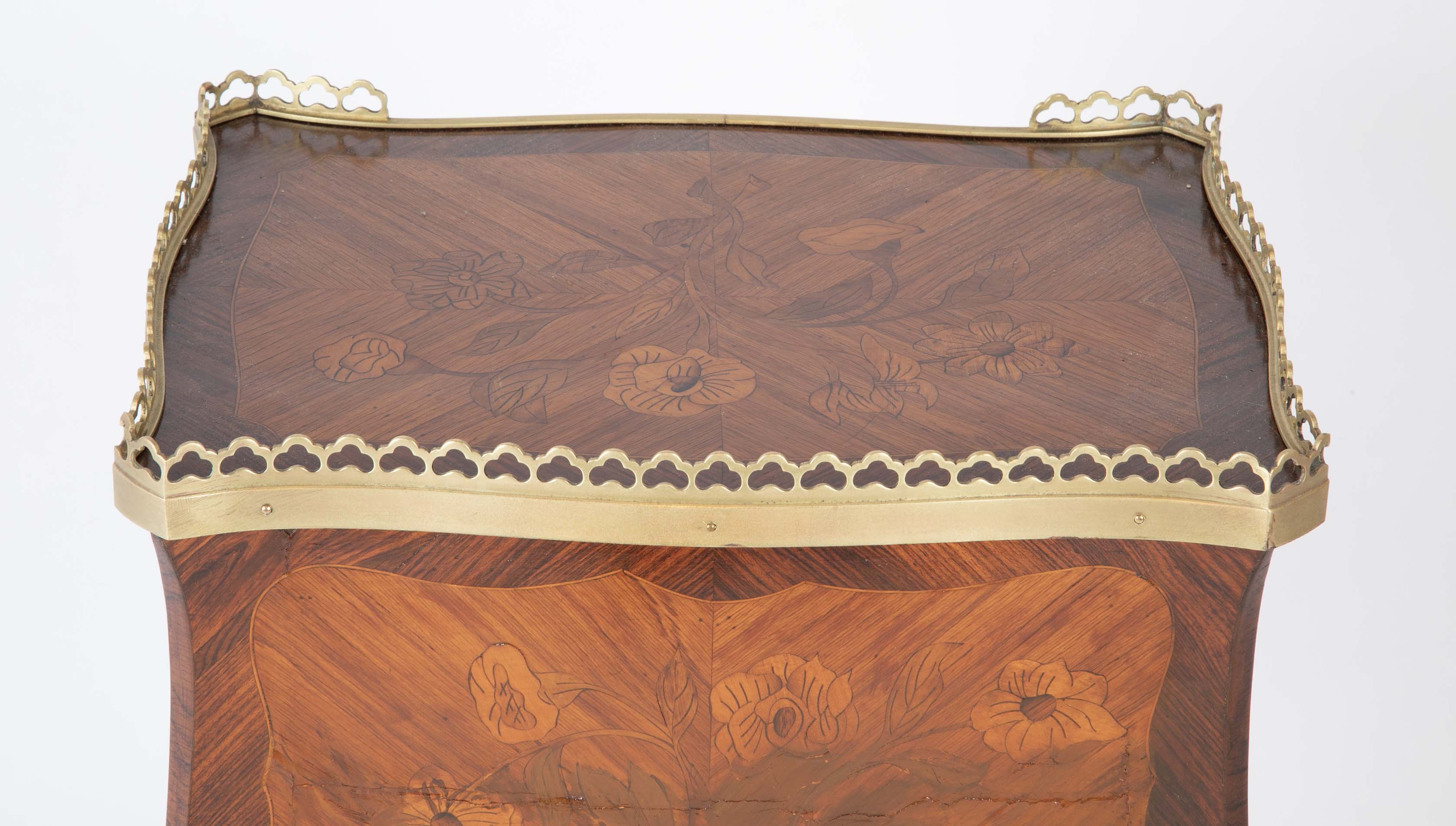 Louis XV Style Petite Commode with Marquetry and Bronze Gallery & Feet