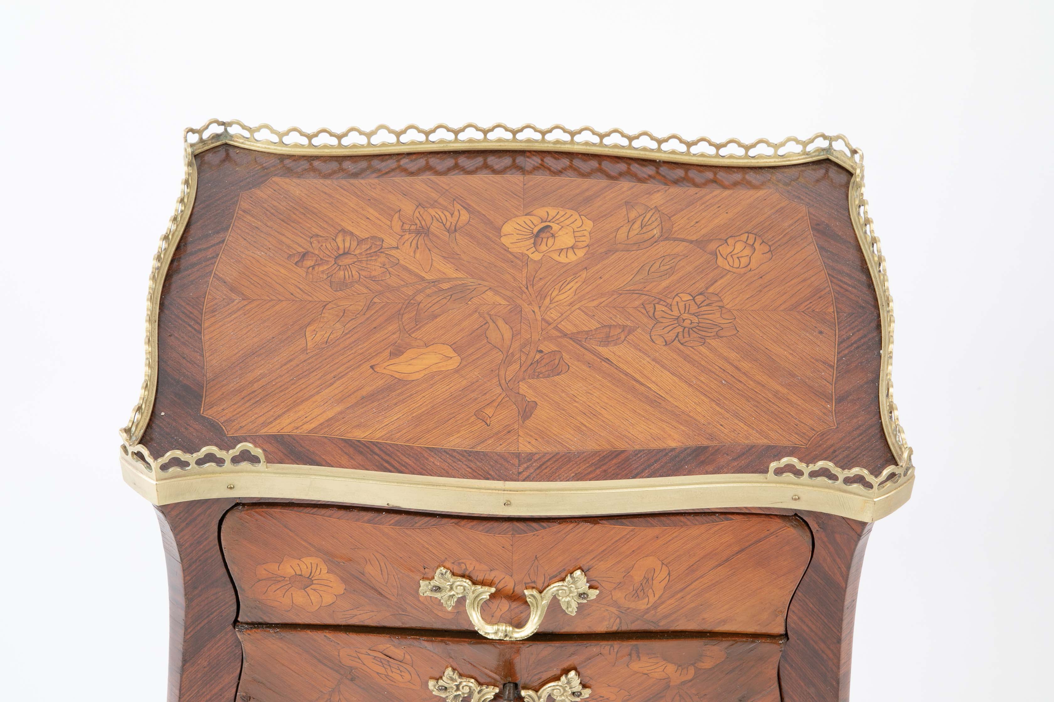 Louis XV Style Petite Commode with Marquetry and Bronze Gallery & Feet