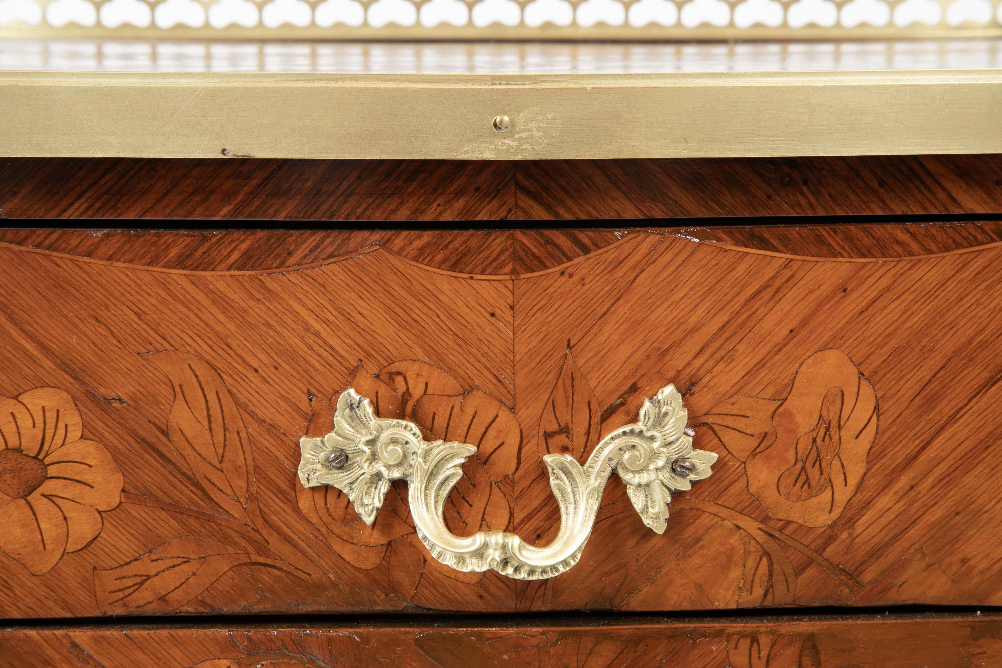 Louis XV Style Petite Commode with Marquetry and Bronze Gallery & Feet