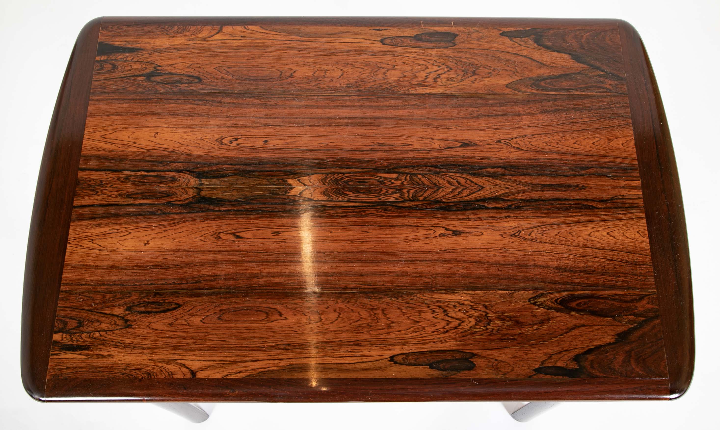 Pair of Midcentury Brazilian Rosewood Low Tables with Rosewood Stretcher Bases and Arched Aprons