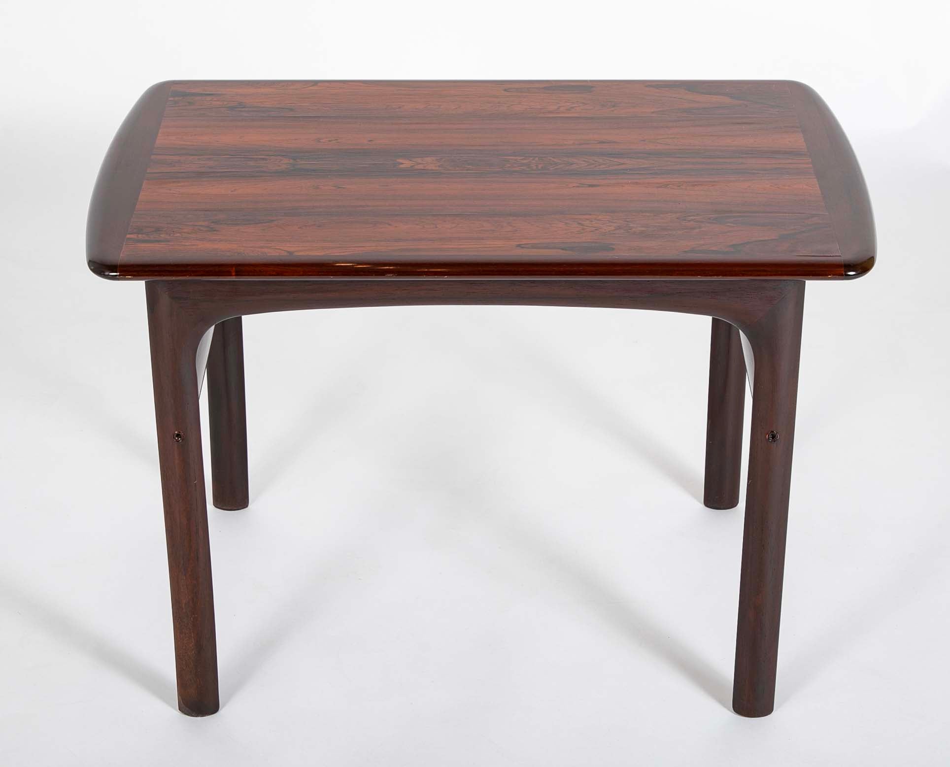 Pair of Midcentury Brazilian Rosewood Low Tables with Rosewood Stretcher Bases and Arched Aprons