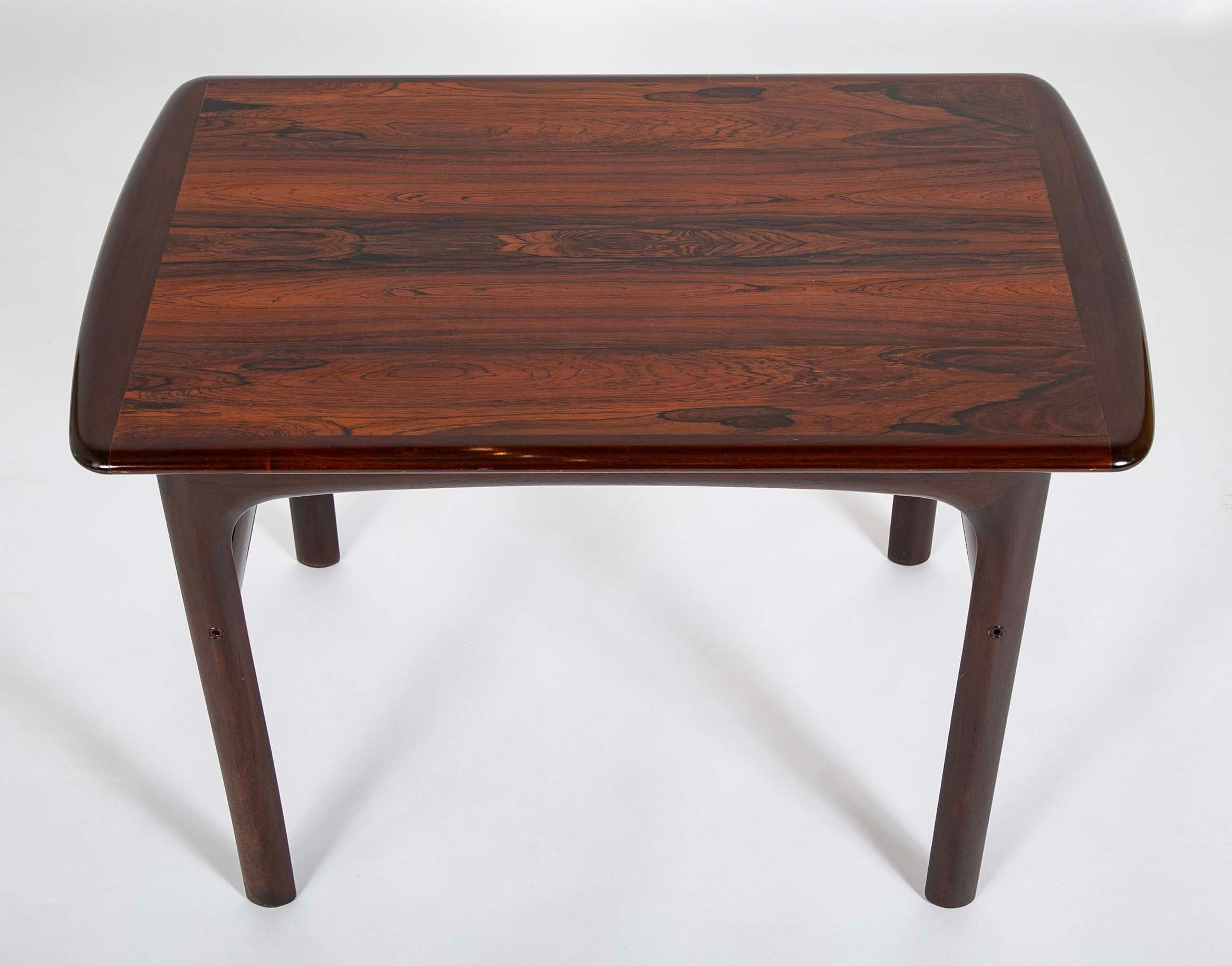 Pair of Midcentury Brazilian Rosewood Low Tables with Rosewood Stretcher Bases and Arched Aprons