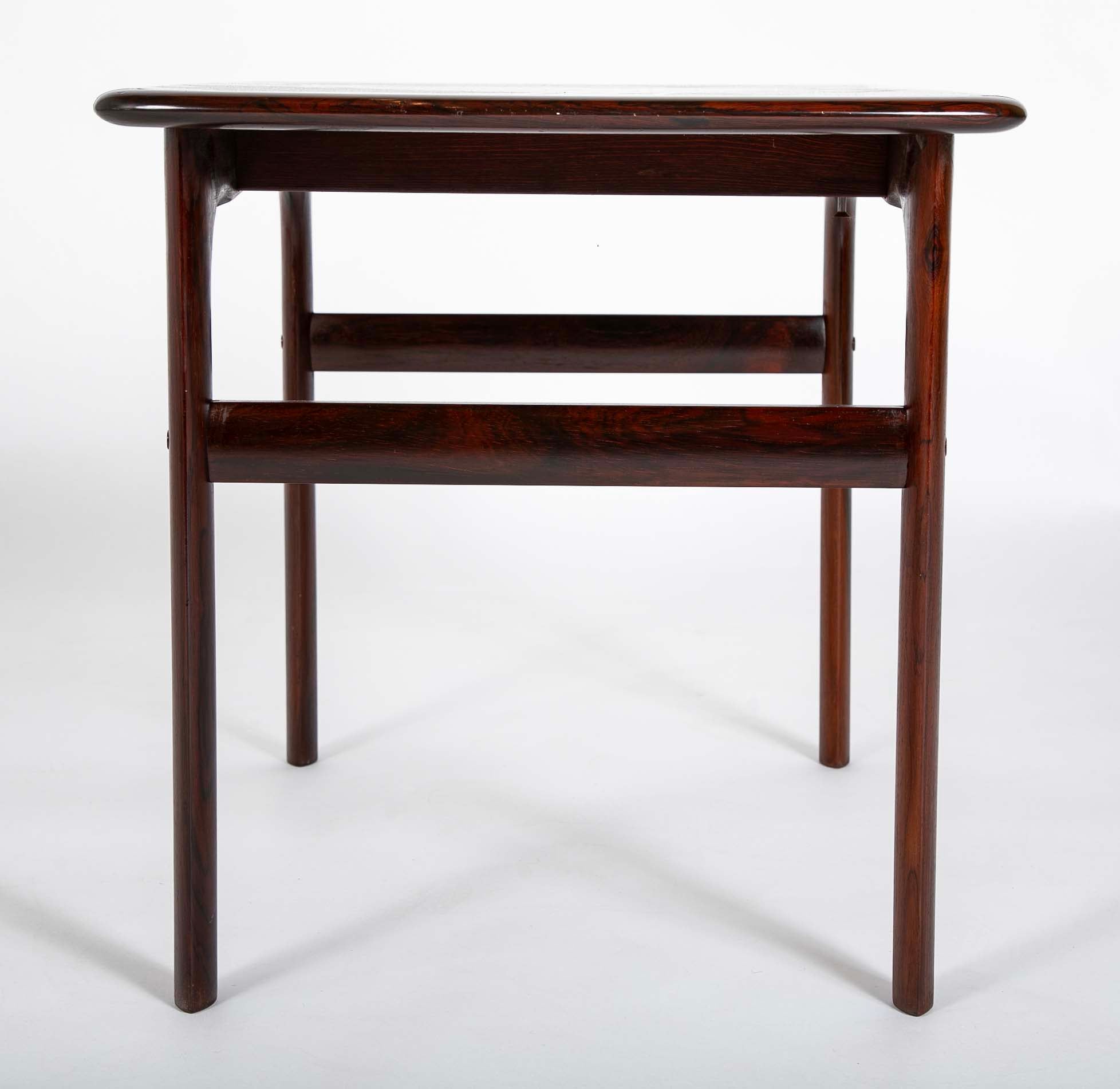 Pair of Midcentury Brazilian Rosewood Low Tables with Rosewood Stretcher Bases and Arched Aprons