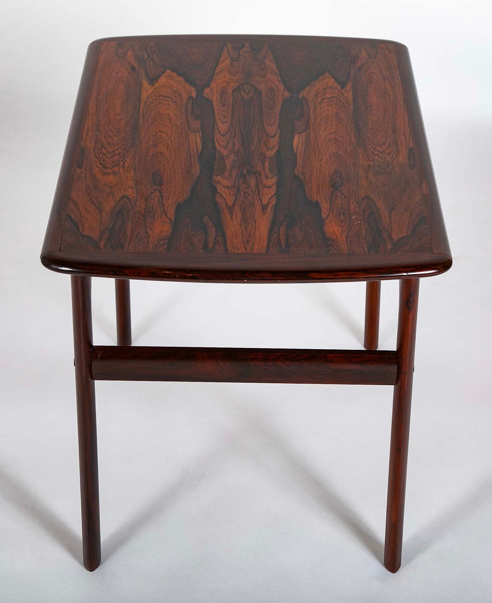 Pair of Midcentury Brazilian Rosewood Low Tables with Rosewood Stretcher Bases and Arched Aprons