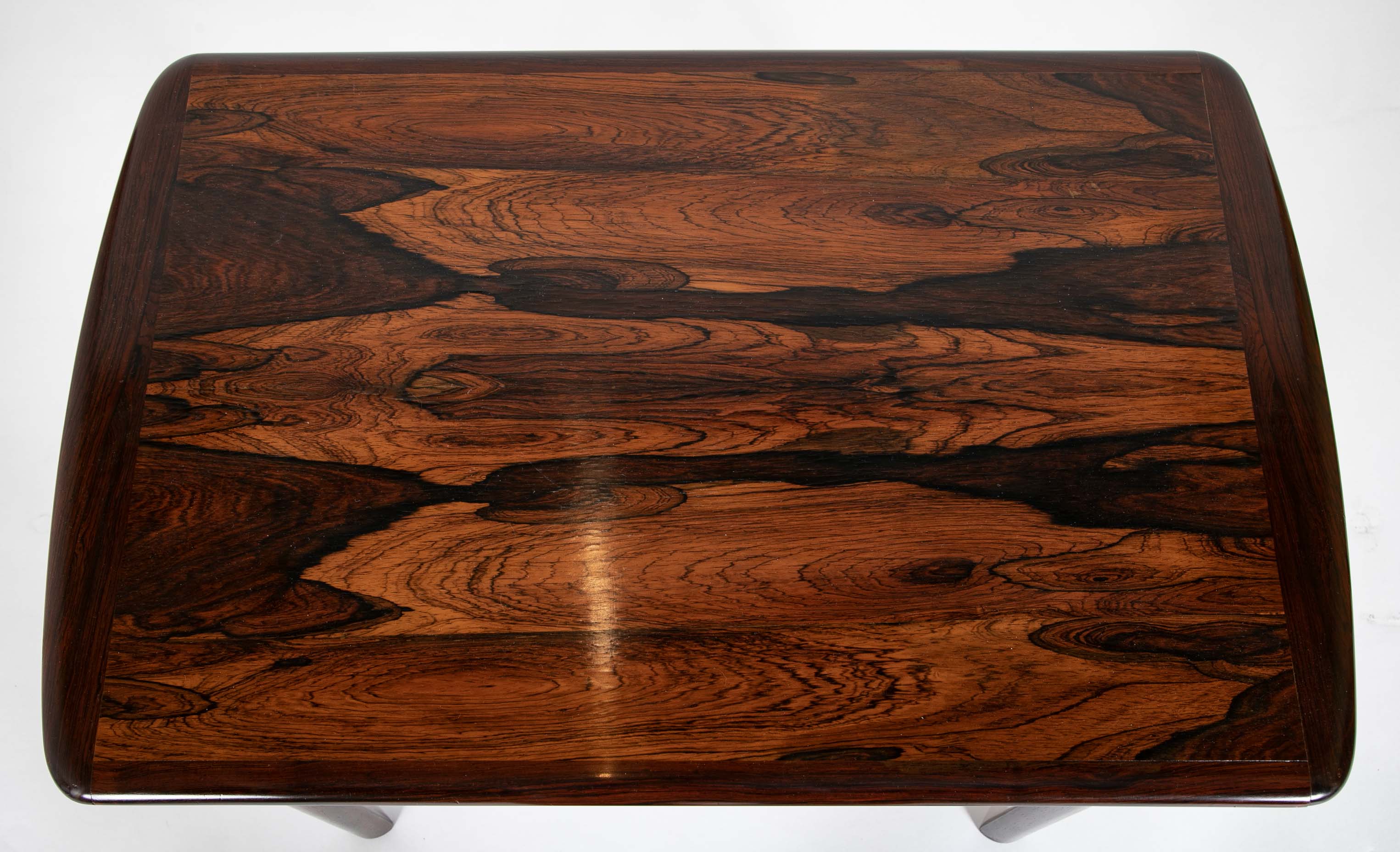 Pair of Midcentury Brazilian Rosewood Low Tables with Rosewood Stretcher Bases and Arched Aprons