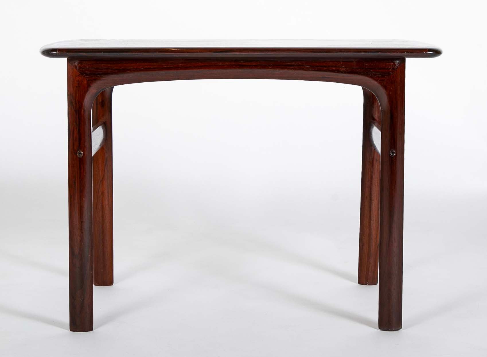 Pair of Midcentury Brazilian Rosewood Low Tables with Rosewood Stretcher Bases and Arched Aprons