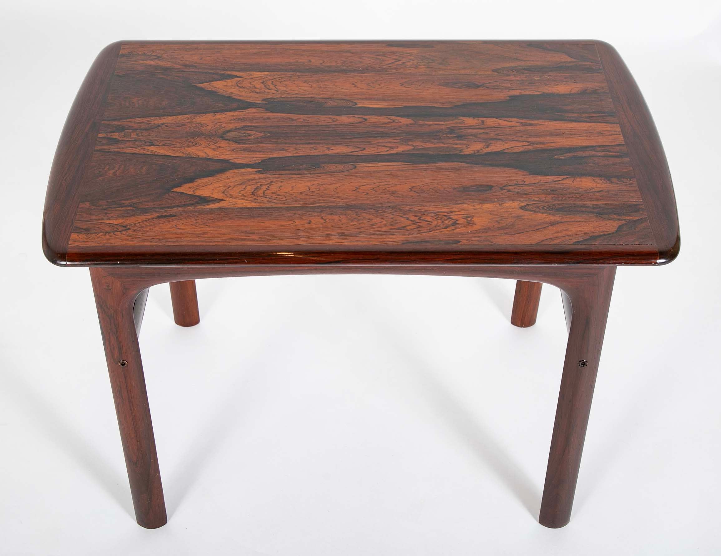 Pair of Midcentury Brazilian Rosewood Low Tables with Rosewood Stretcher Bases and Arched Aprons