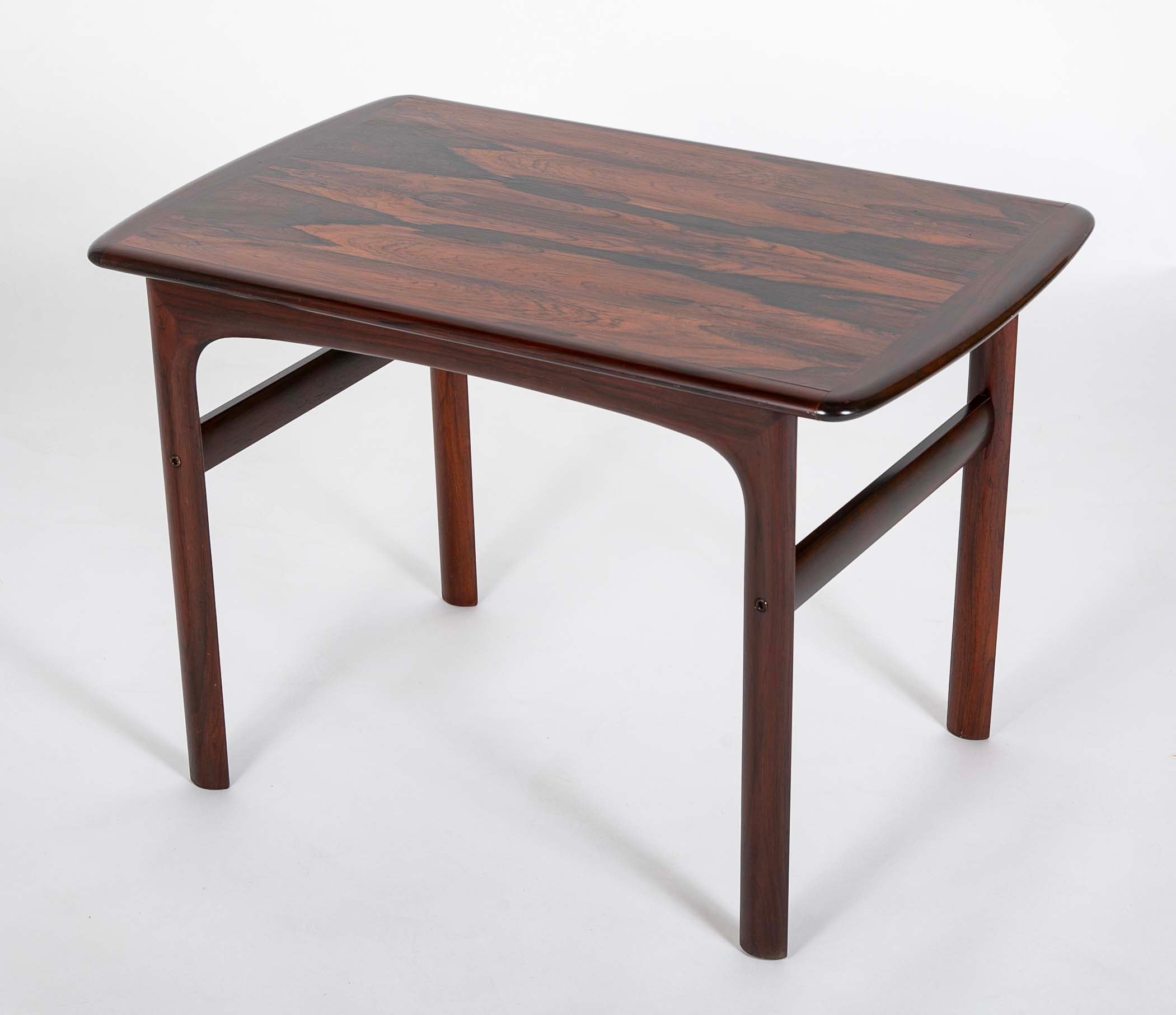 Pair of Midcentury Brazilian Rosewood Low Tables with Rosewood Stretcher Bases and Arched Aprons
