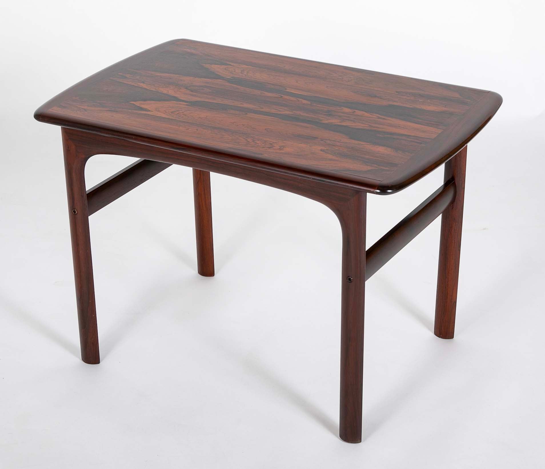 Pair of Midcentury Brazilian Rosewood Low Tables with Rosewood Stretcher Bases and Arched Aprons