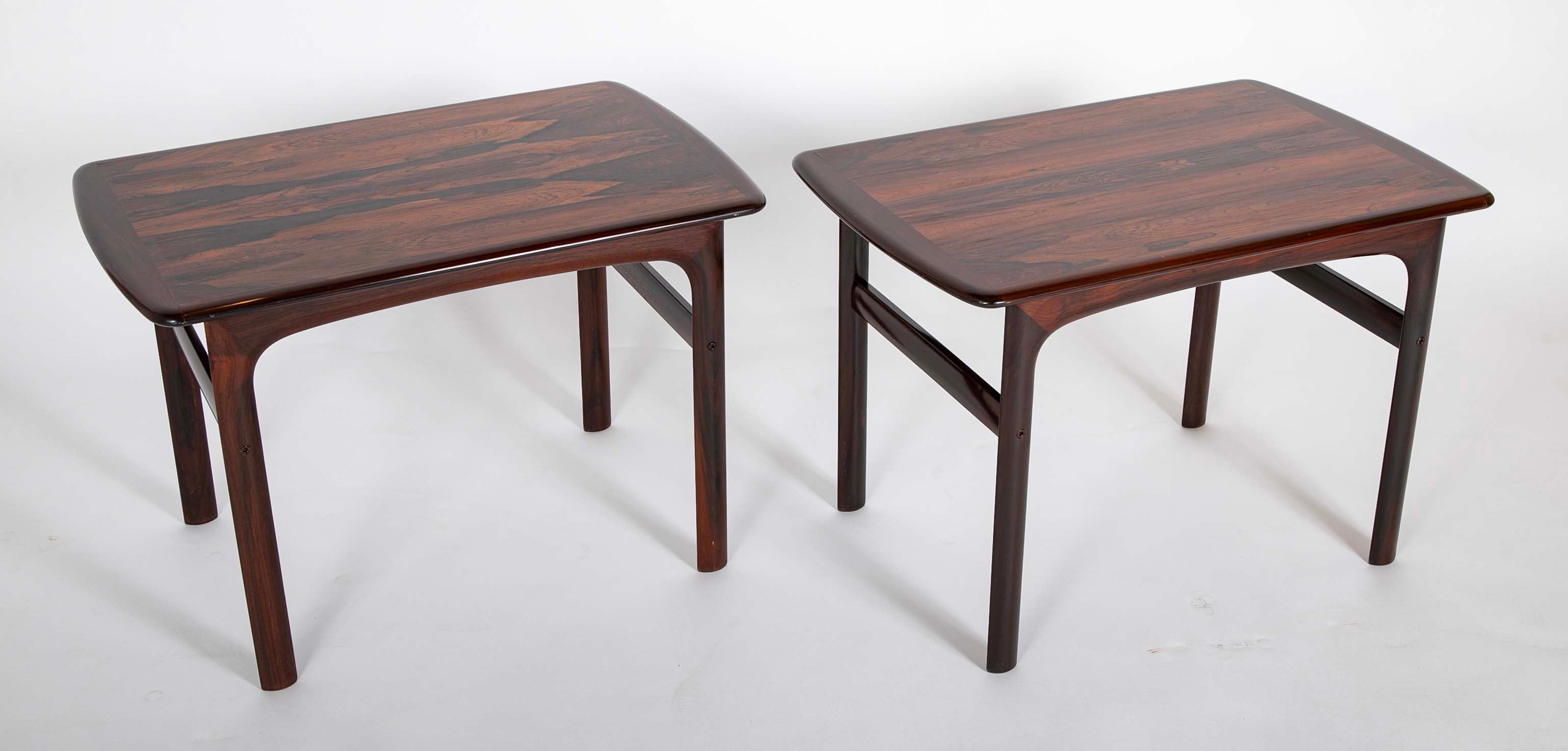 Pair of Midcentury Brazilian Rosewood Low Tables with Rosewood Stretcher Bases and Arched Aprons