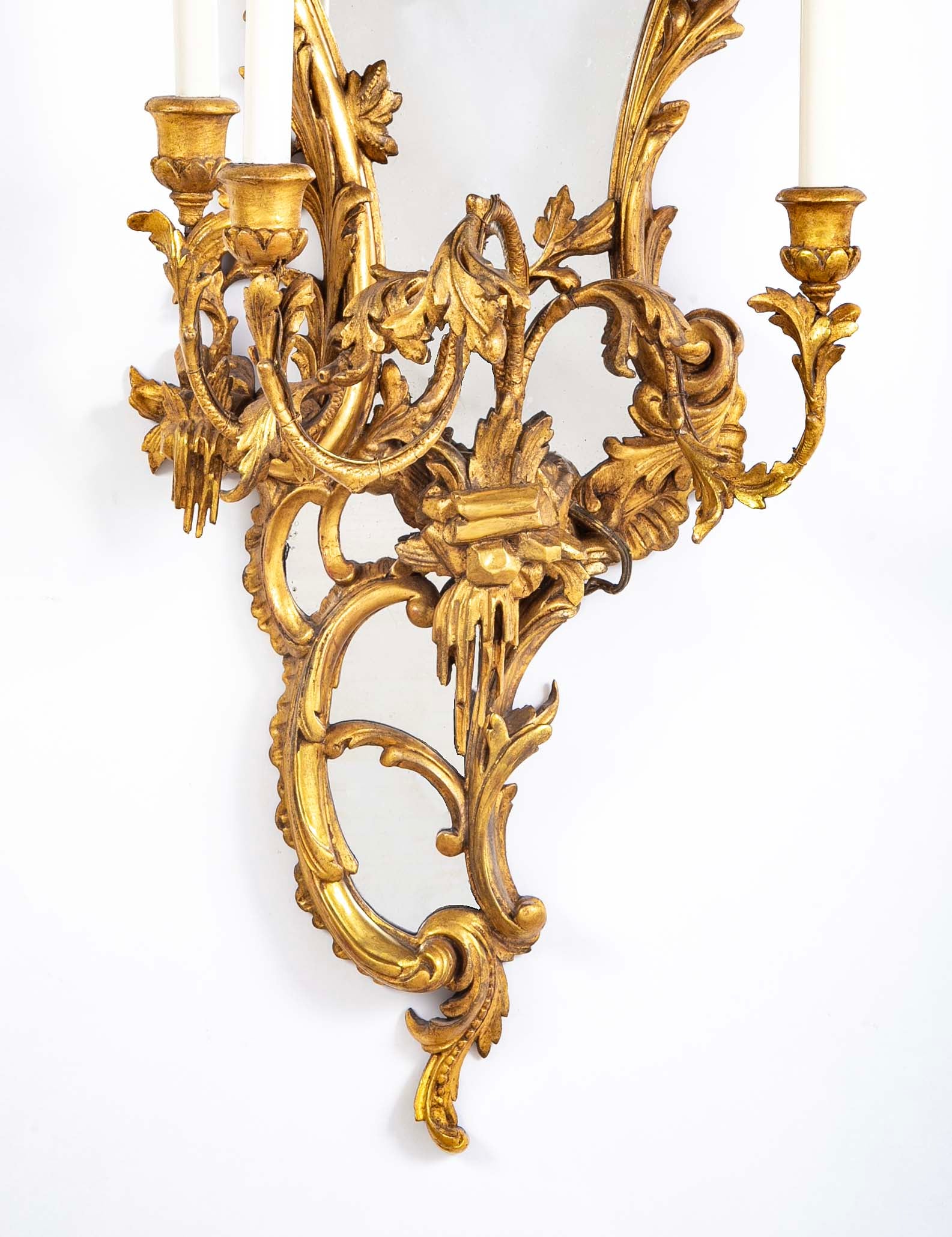 Pair of Gilded Rococo Three Arm English Sconces
