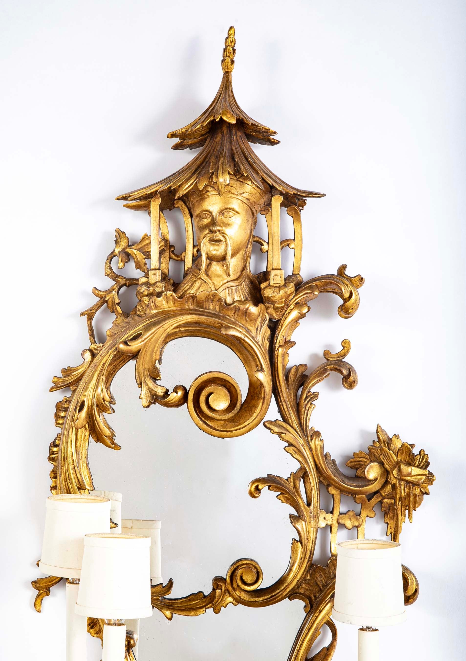 Pair of Gilded Rococo Three Arm English Sconces