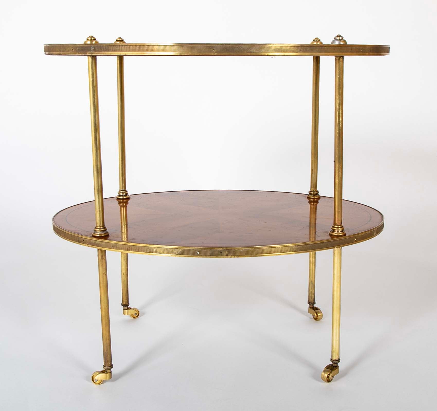 Pair of Brass Trimmed Yew Wood Two Tiered Tables